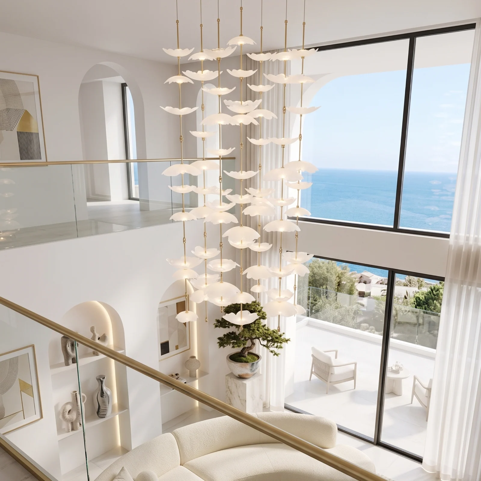 Custom Cascading Petal Chandelier for High Ceiling Living Room Coastal Villa Bespoke Lighting project view