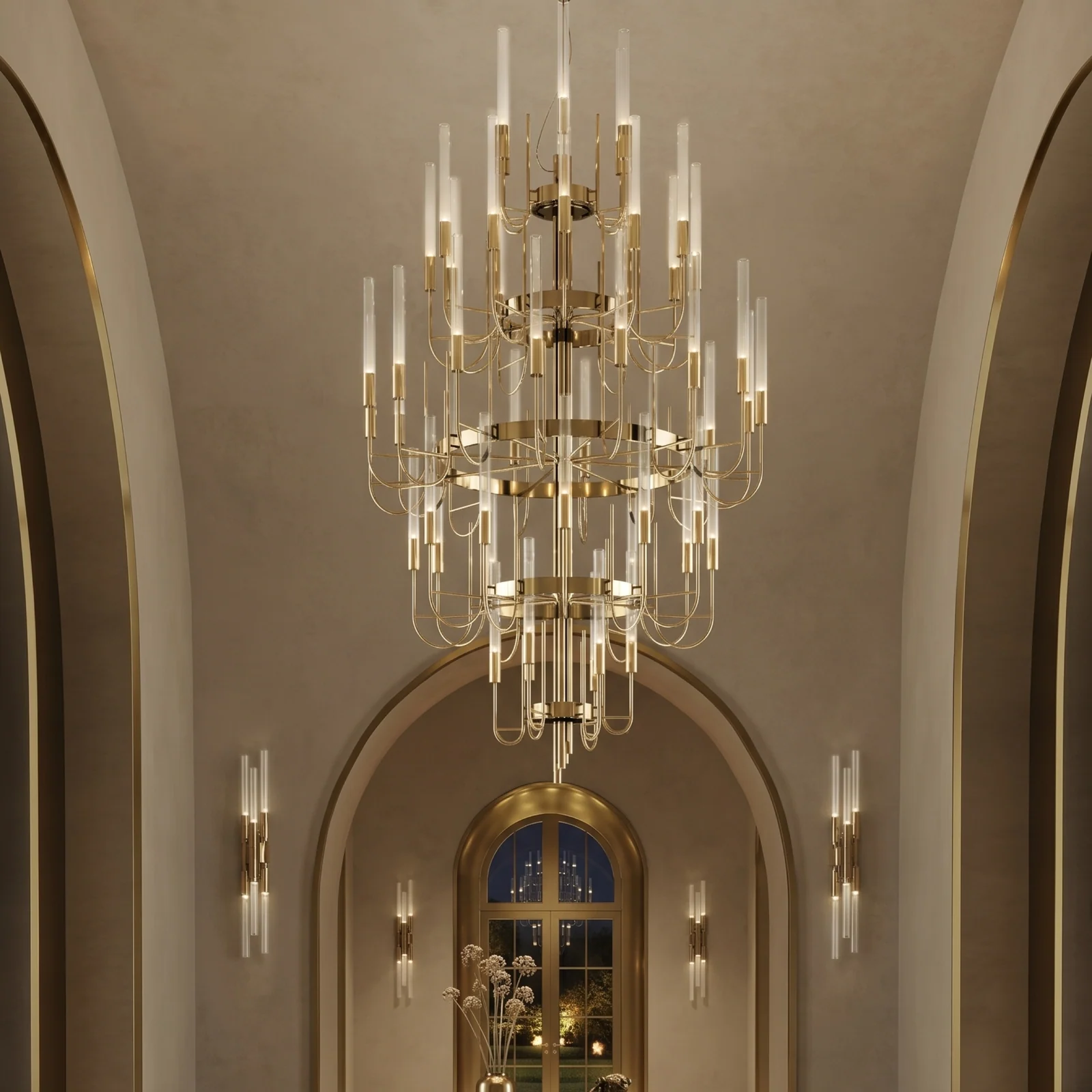 Bespoke Multi-Tier Brass & Glass Candle Chandelier for Luxury Hotel Lobby Projects project view