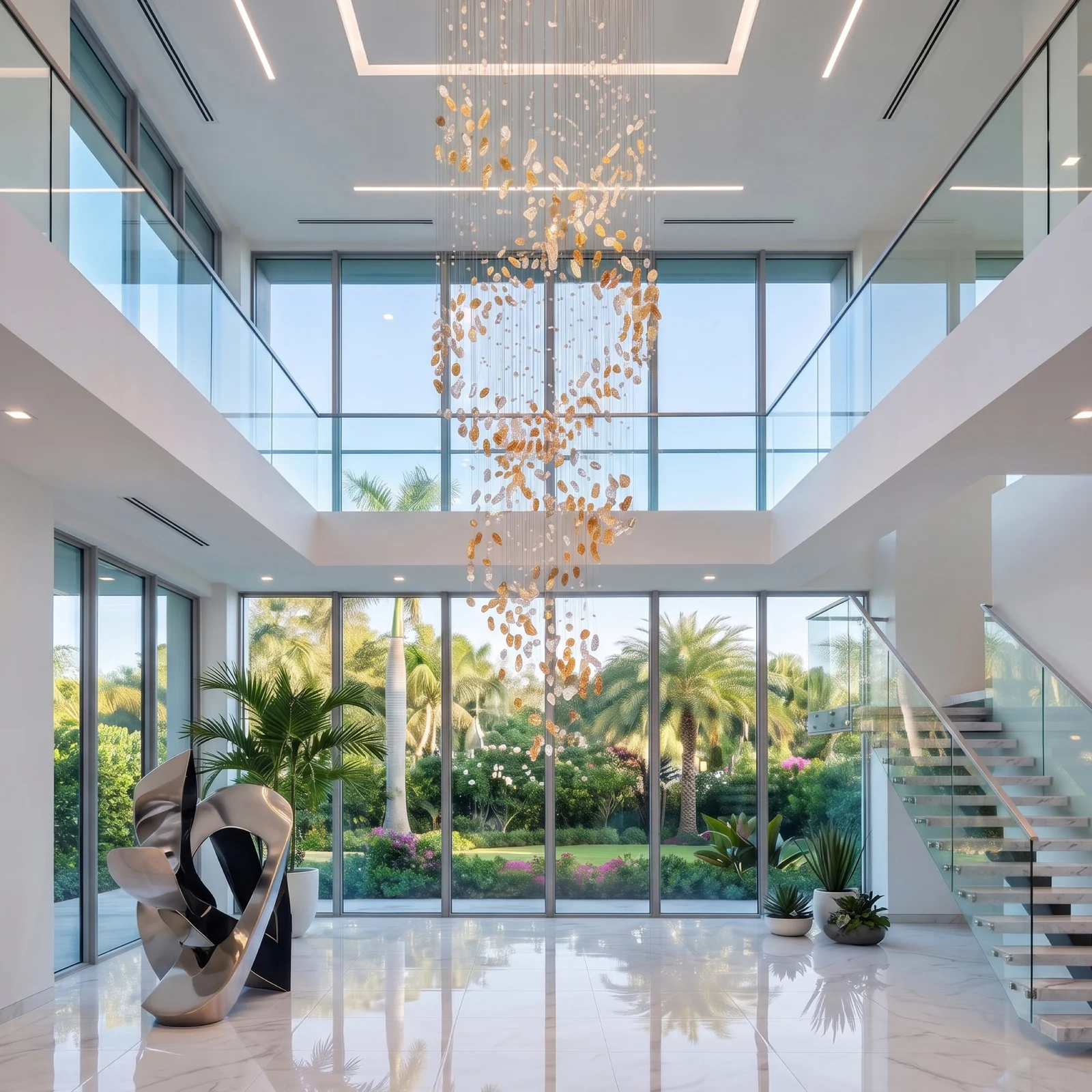 Bespoke Oversized Cascading Crystal Pendant Chandelier for Luxury Villa High Ceilings project view
