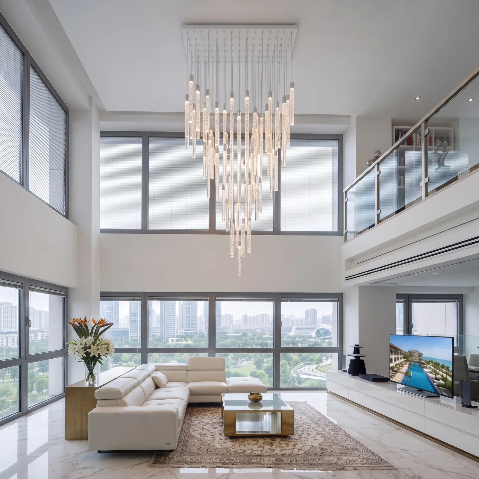 Custom Crystal Bubble Tube Stairwell Chandelier for Luxury Penthouse Bespoke High-Ceiling Fixtures project view