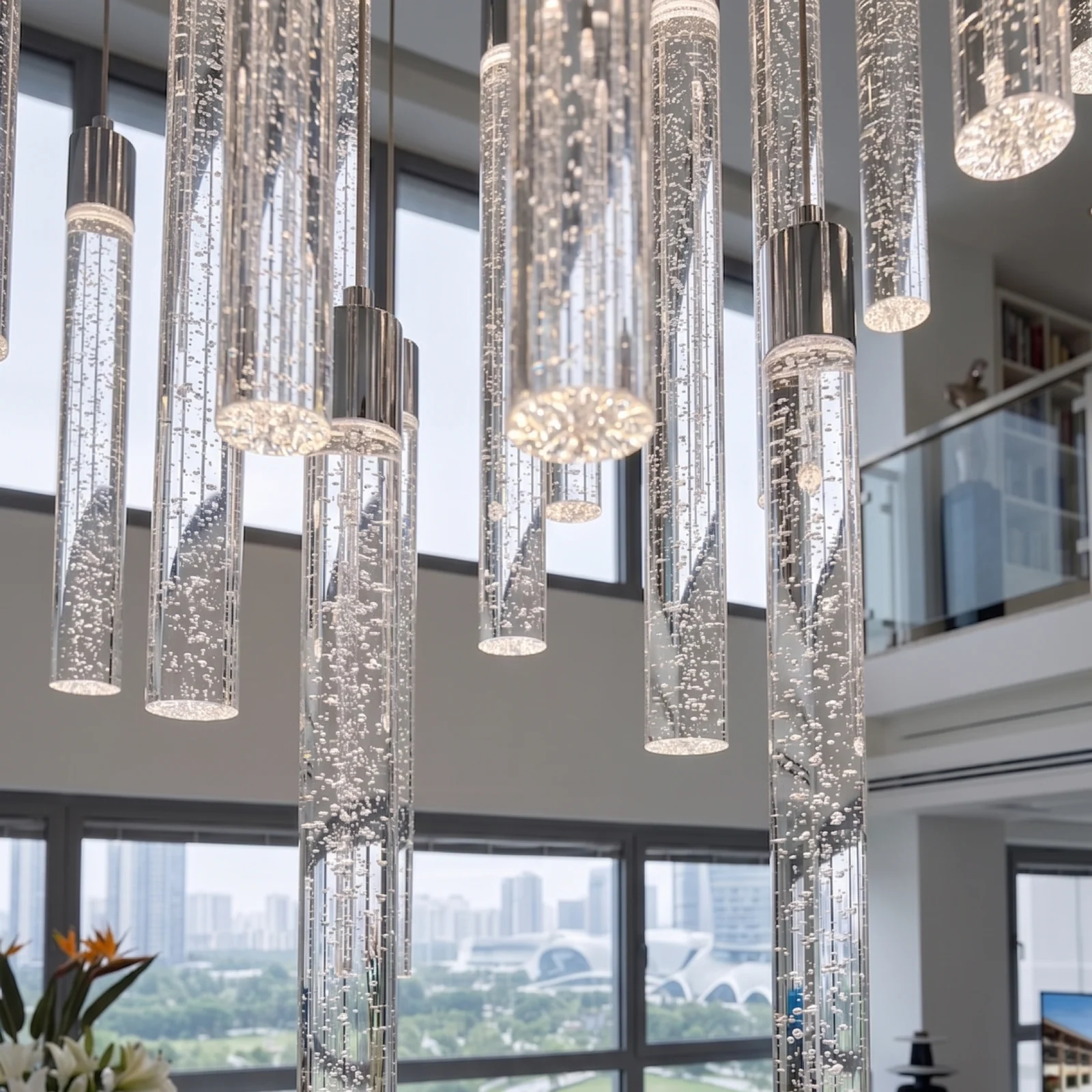 Custom Crystal Bubble Tube Stairwell Chandelier for Luxury Penthouse Bespoke High-Ceiling Fixtures project view