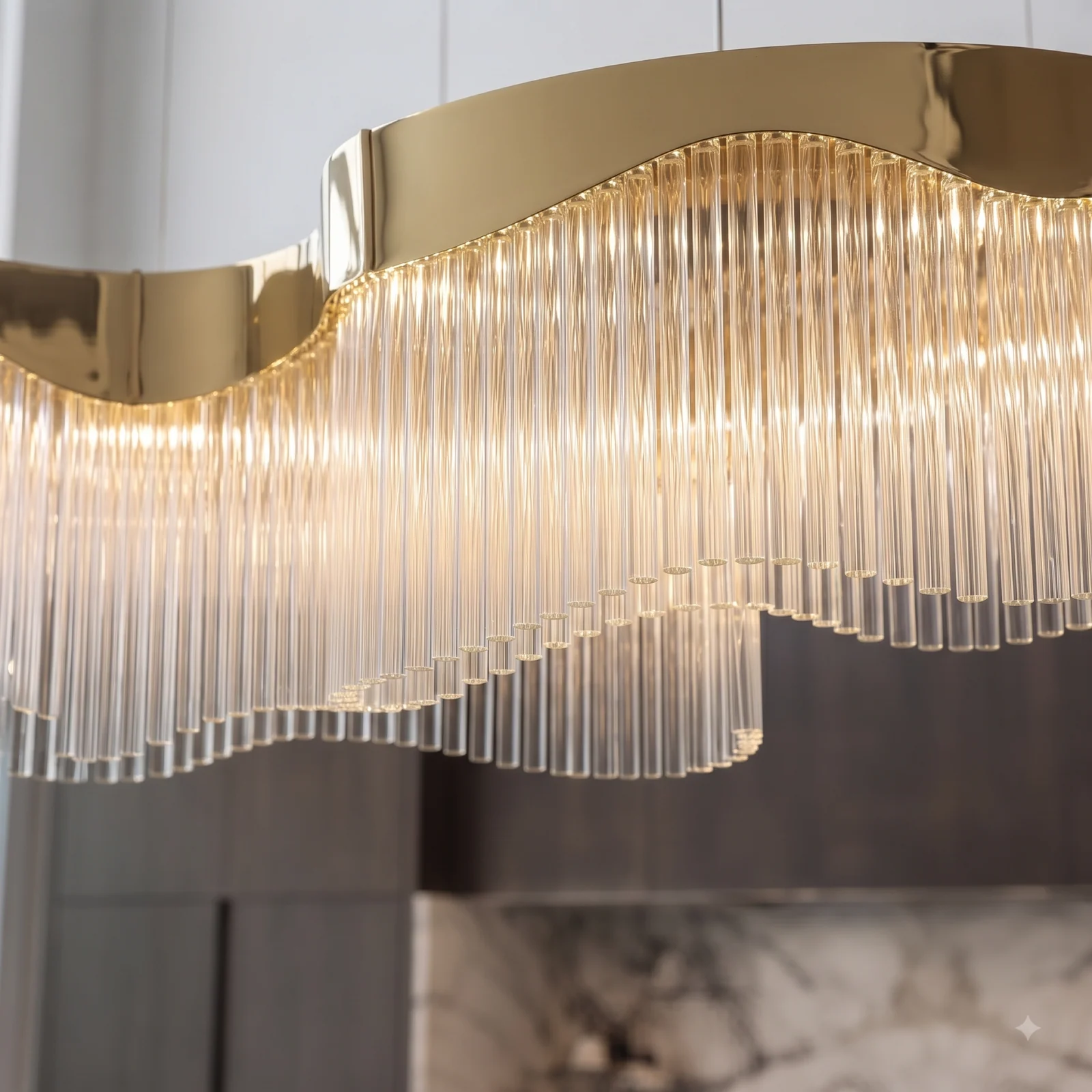 Luxury Curved Brass Glass Rod Chandelier for Open Plan Kitchens Bespoke High-End Residential Fixtures project view