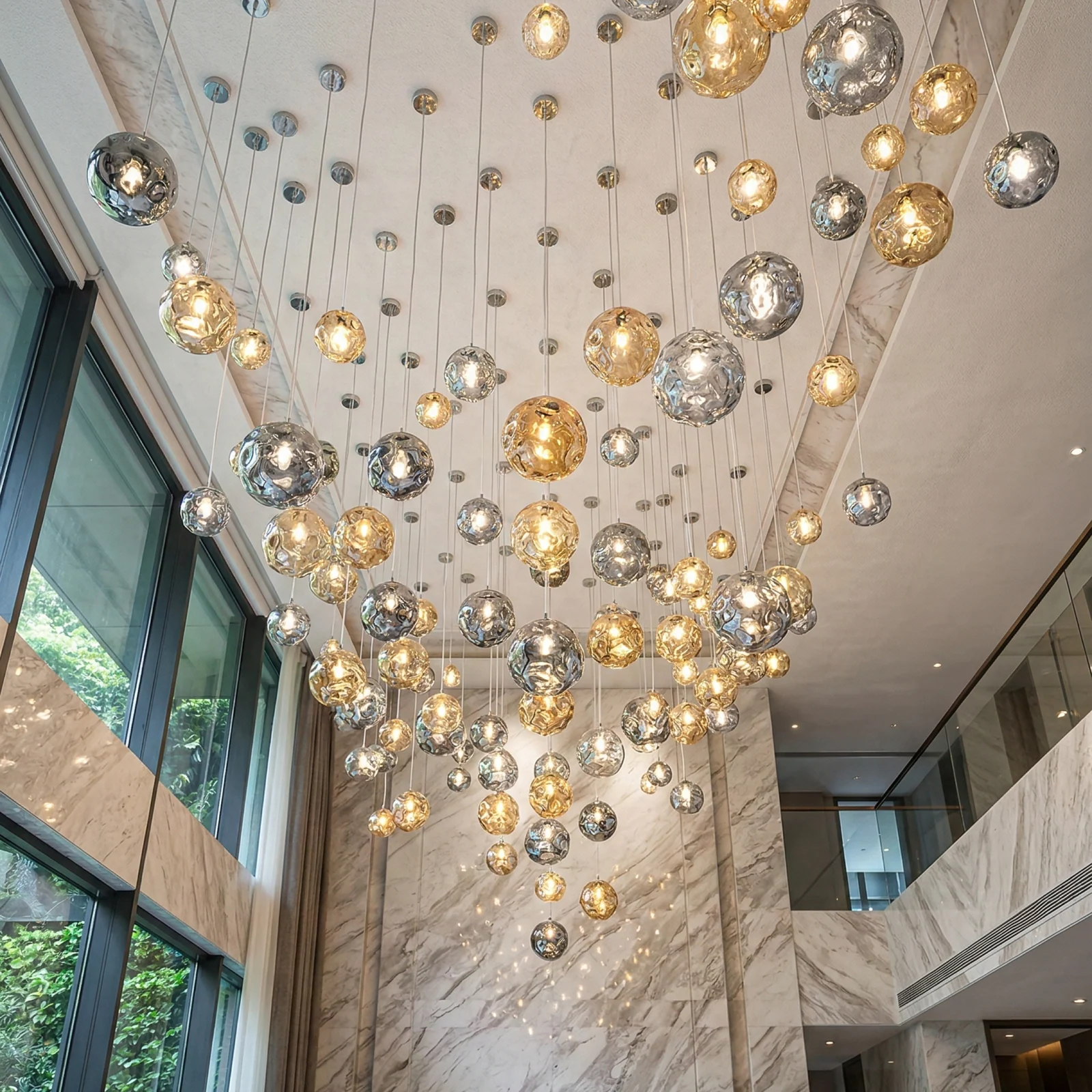 Bespoke Multi-Drop Glass Orb Chandelier for High Ceilings project view