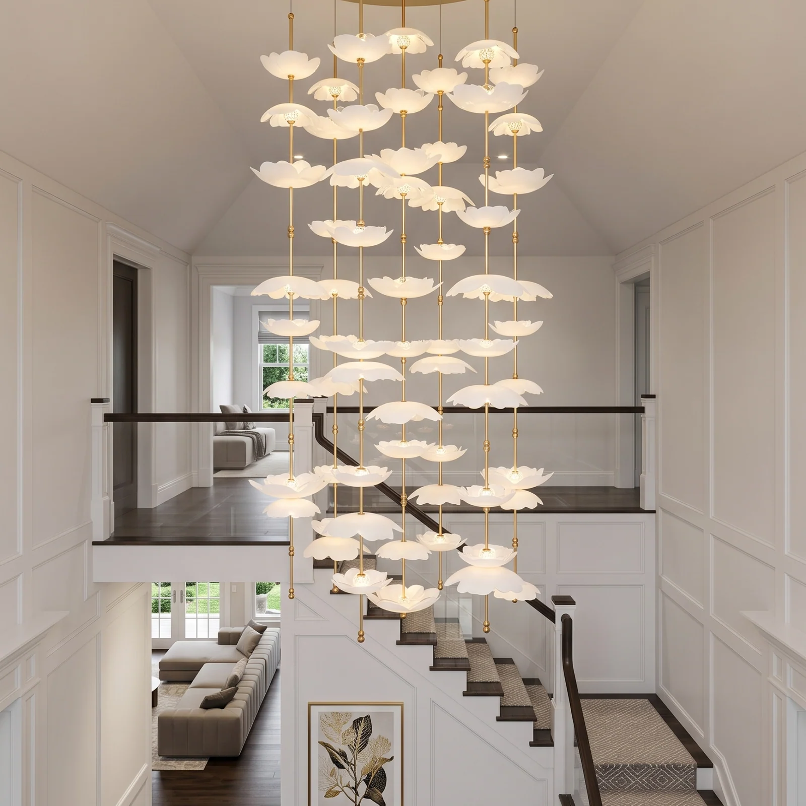 Custom Cascading Petal Chandelier for High Ceiling Living Room Coastal Villa Bespoke Lighting project view