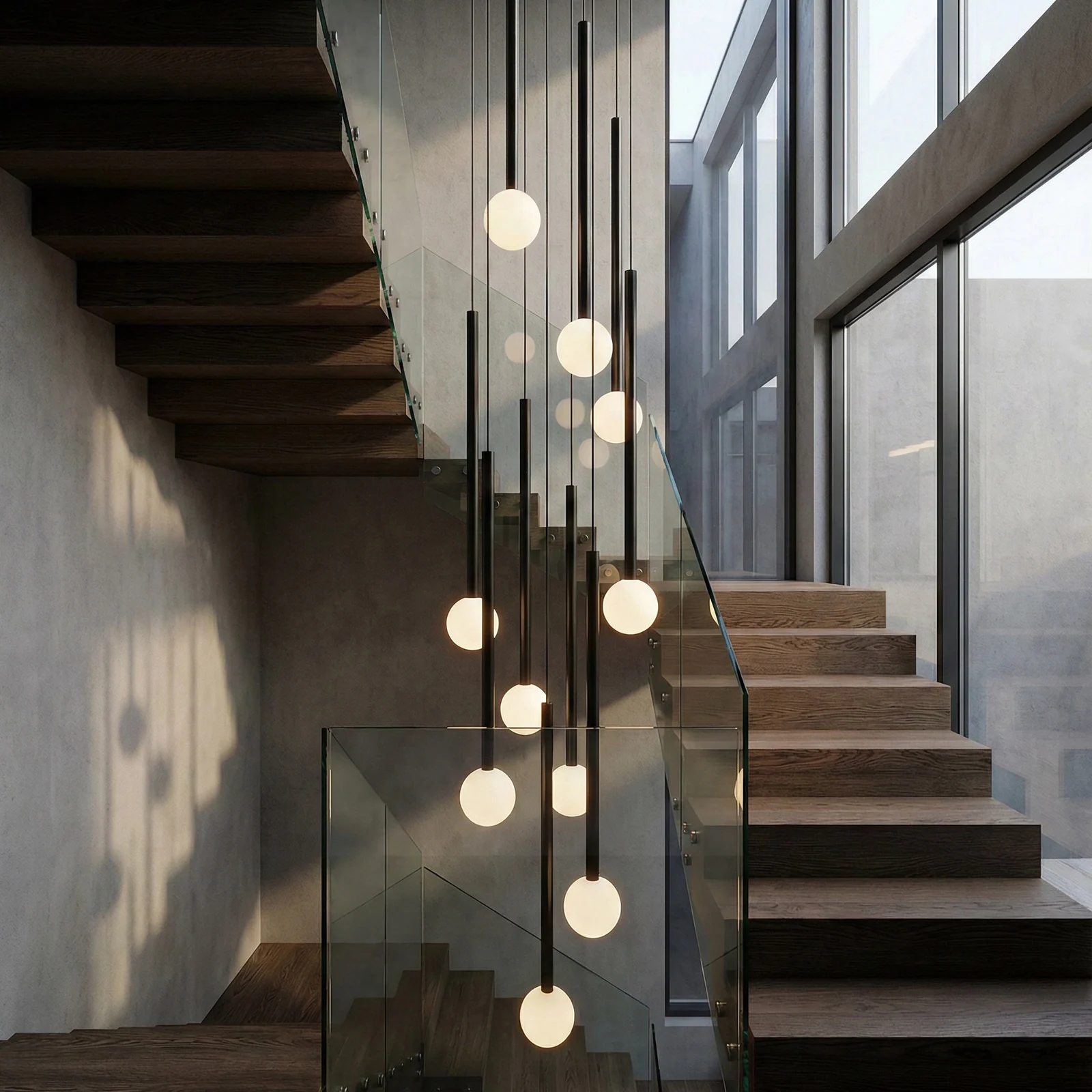 USA Glass Staircase Pendants project view