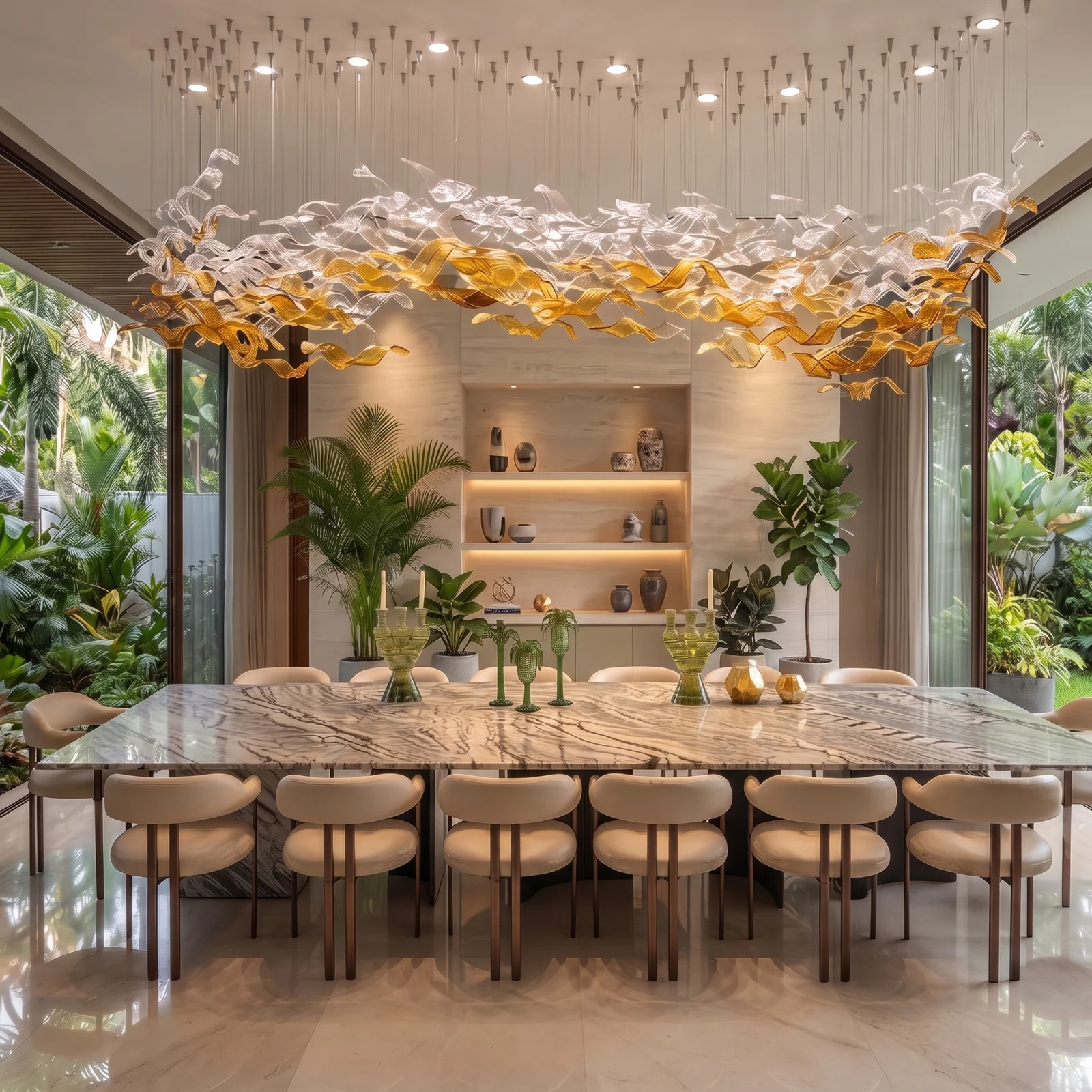 Custom Art Glass Wave Chandelier for Luxury Villas  Miami, Hawaii Bespoke Residential Lighting