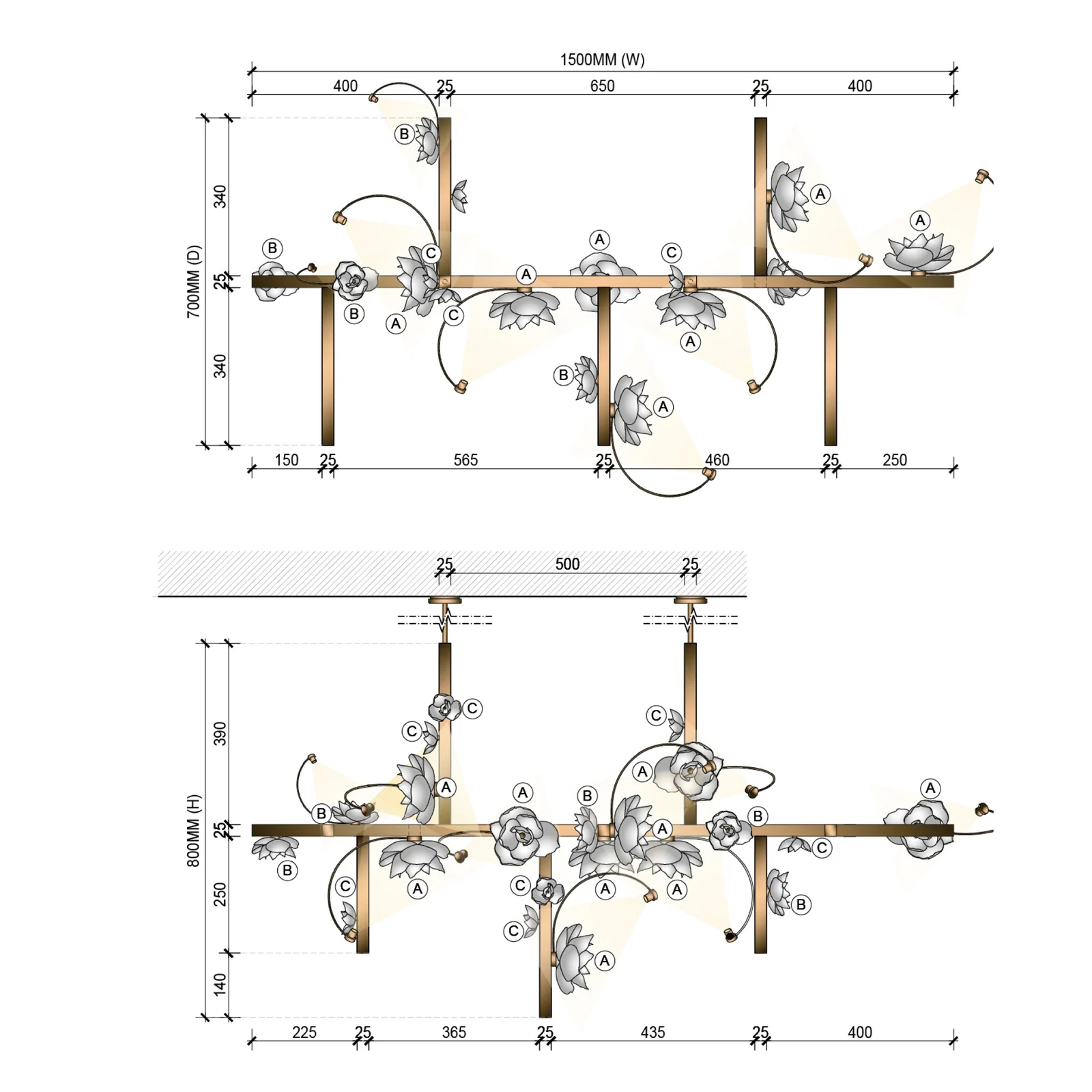 Bespoke Floral Linear Chandelier for Dining Room project view