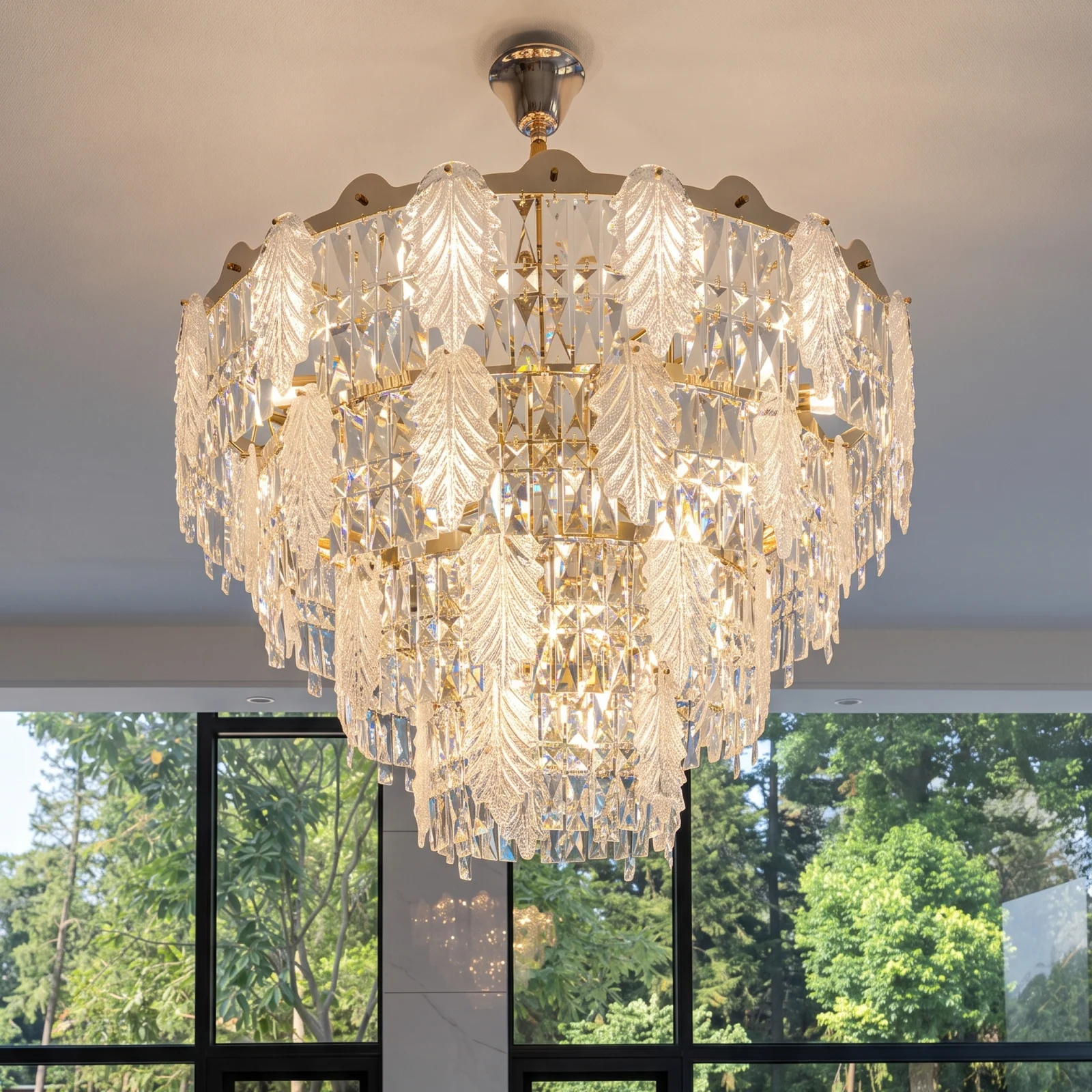 Custom Crystal Leaf Chandelier for Private Dining Room London Penthouse Bespoke Lighting project view