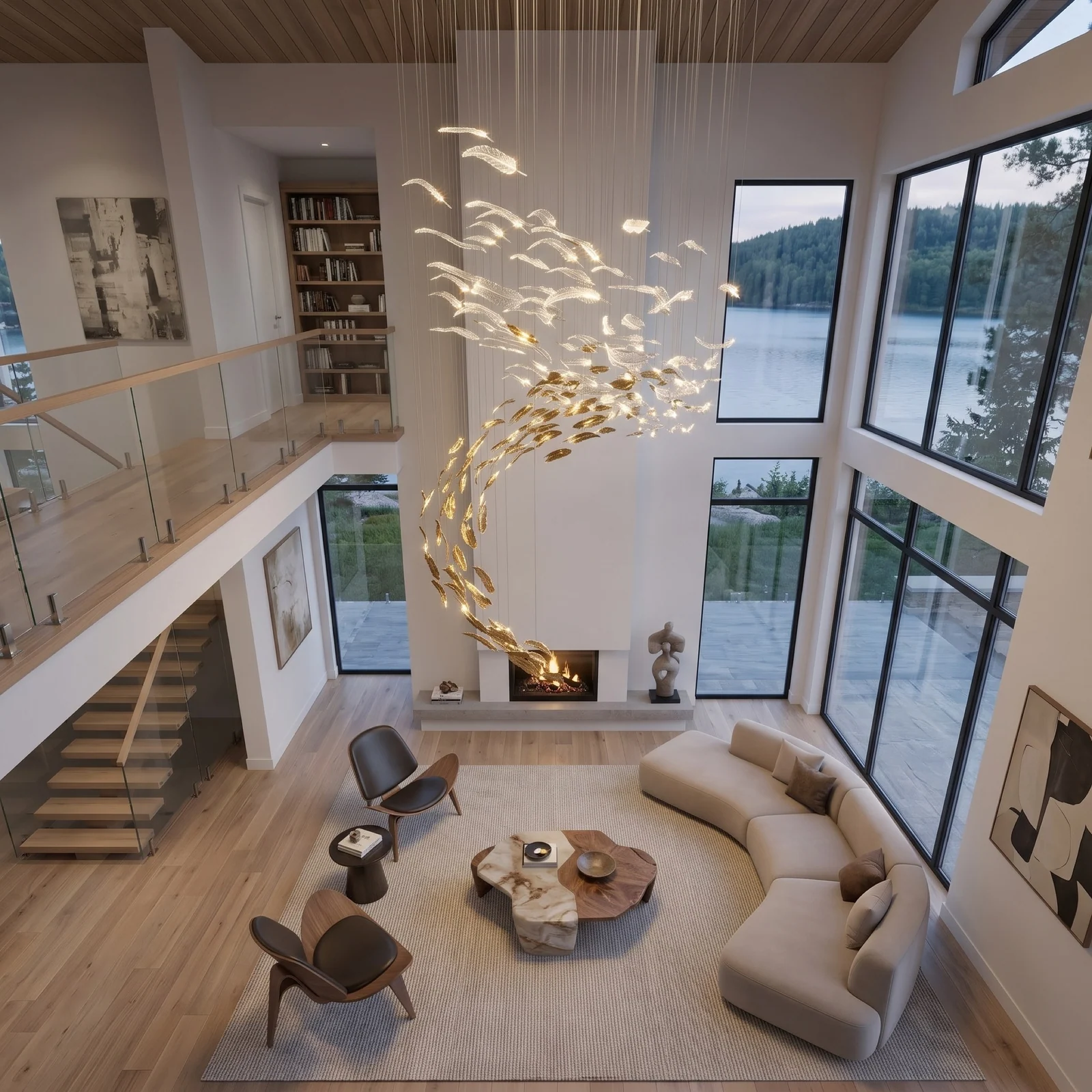 Bespoke Cascading Art Glass Chandelier for Luxury Living Rooms project view