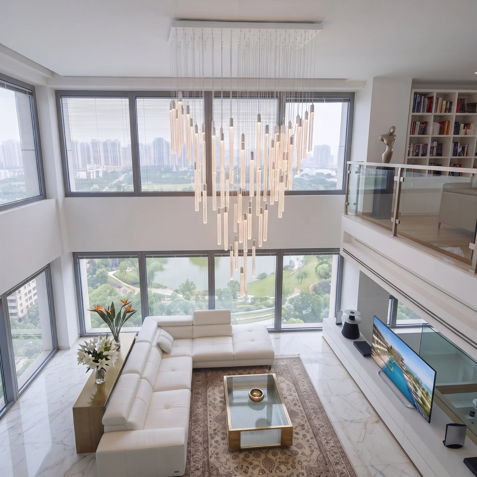Custom Crystal Bubble Tube Stairwell Chandelier for Luxury Penthouse Bespoke High-Ceiling Fixtures project view