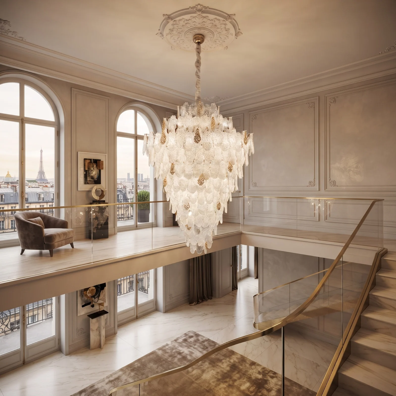 Custom Textured Glass Leaf Chandelier for Luxury Dining Room Paris Bespoke Mansion Lighting project view