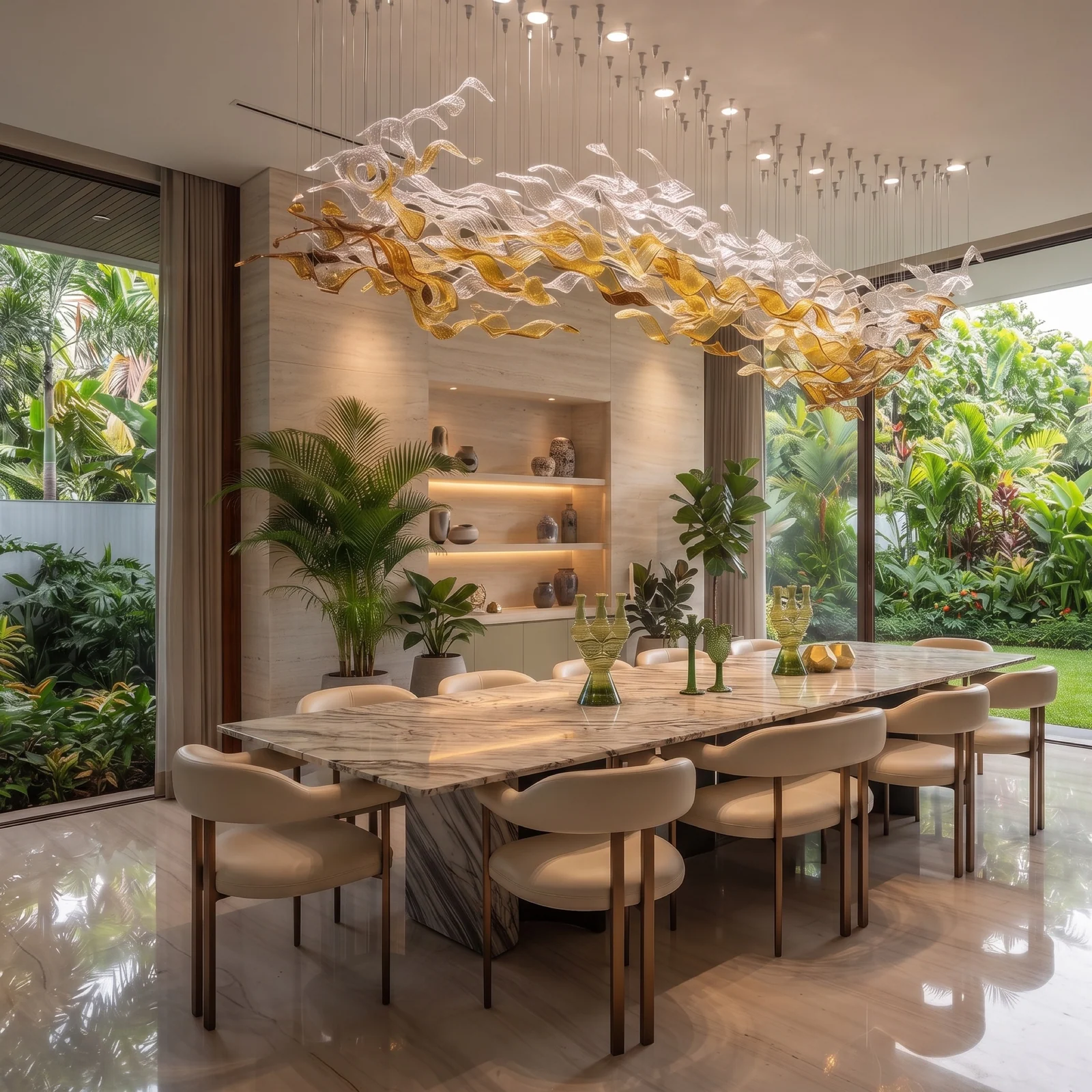 Custom Art Glass Wave Chandelier for Luxury Villas Miami, Hawaii Bespoke Residential Lighting project view
