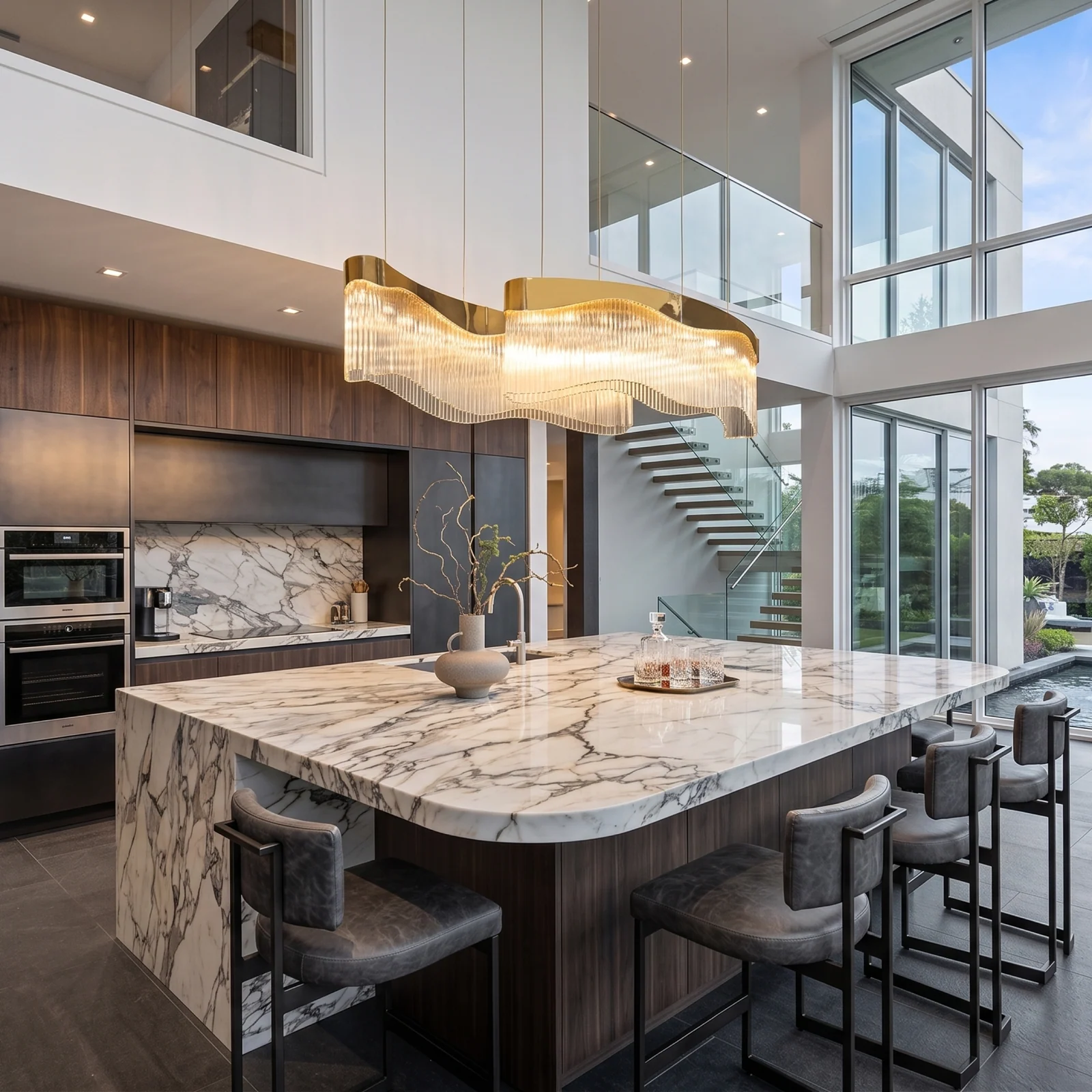Luxury Curved Brass Glass Rod Chandelier for Open Plan Kitchens Bespoke High-End Residential Fixtures project view