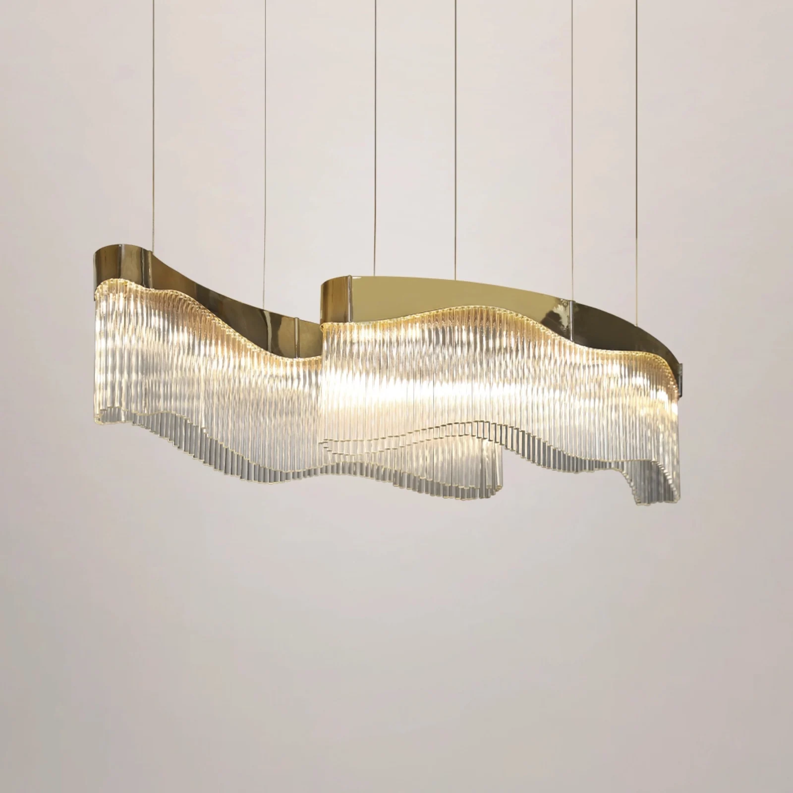 Luxury Curved Brass Glass Rod Chandelier for Open Plan Kitchens Bespoke High-End Residential Fixtures project view
