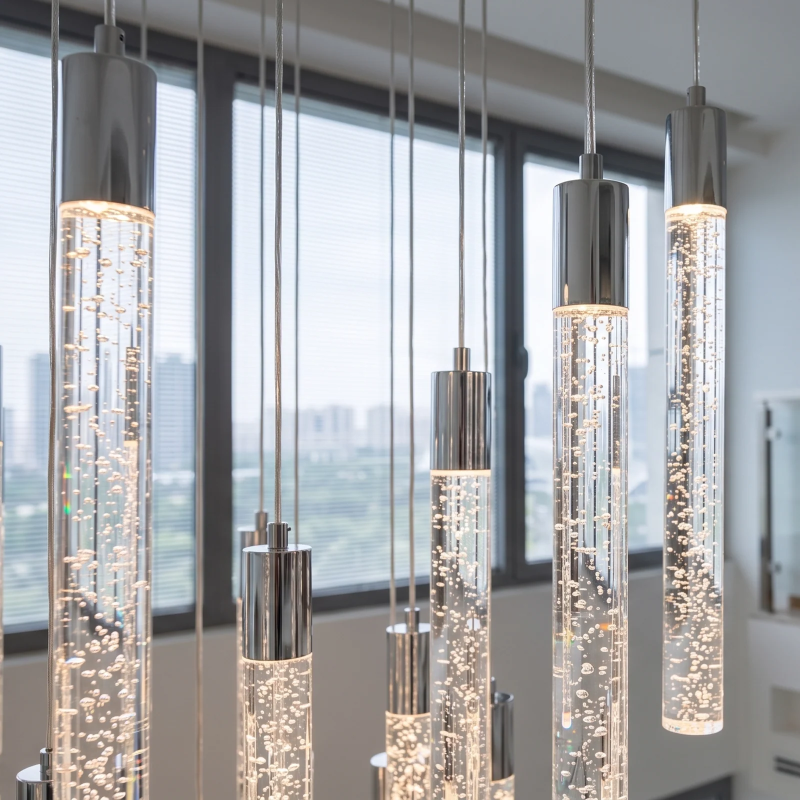 Custom Crystal Bubble Tube Stairwell Chandelier for Luxury Penthouse Bespoke High-Ceiling Fixtures project view