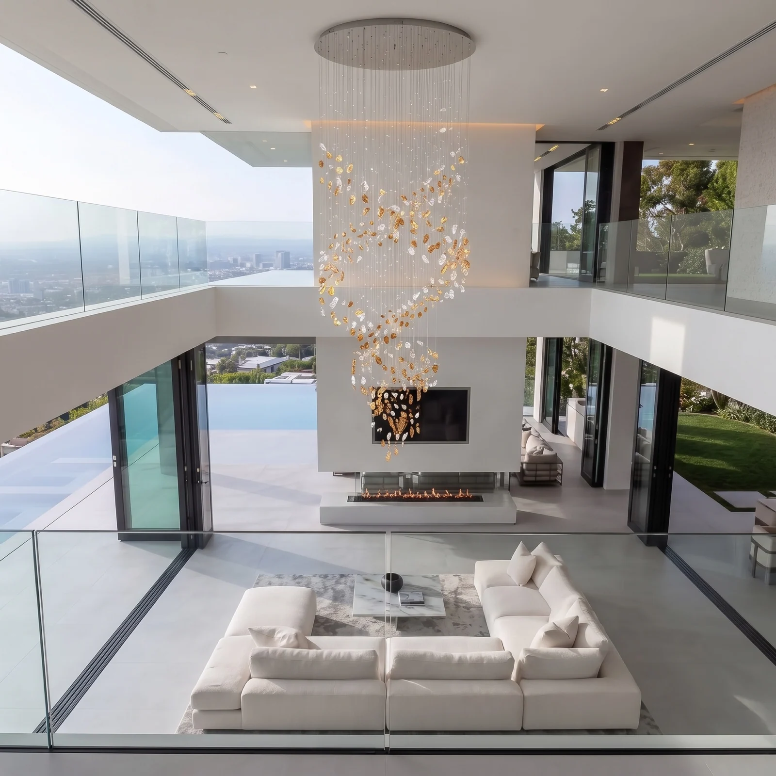 Bespoke Oversized Cascading Crystal Pendant Chandelier for Luxury Villa High Ceilings project view