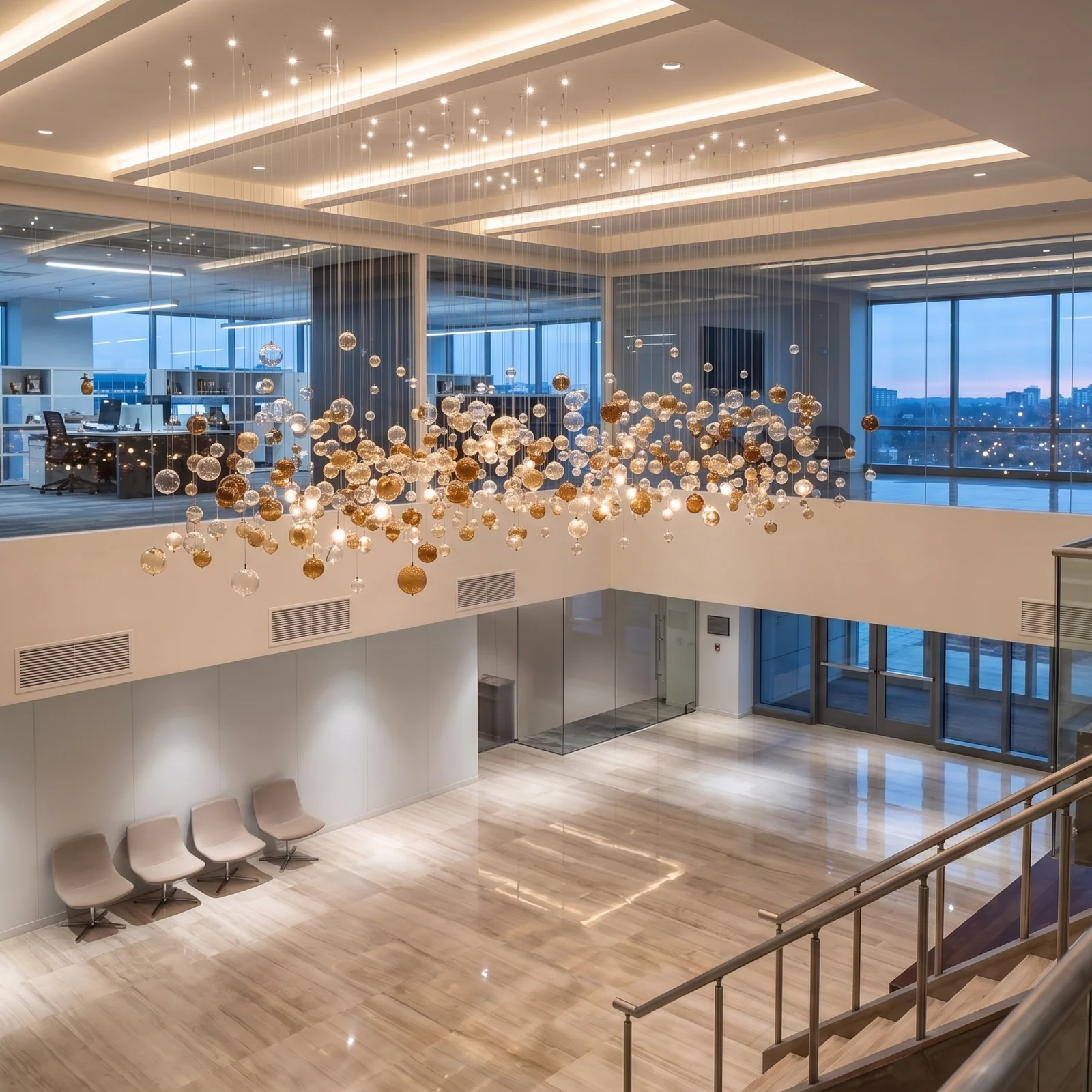 Luxury Floating Glass Globe Chandelier for Office Atrium Projects Bespoke Statement Lighting project view