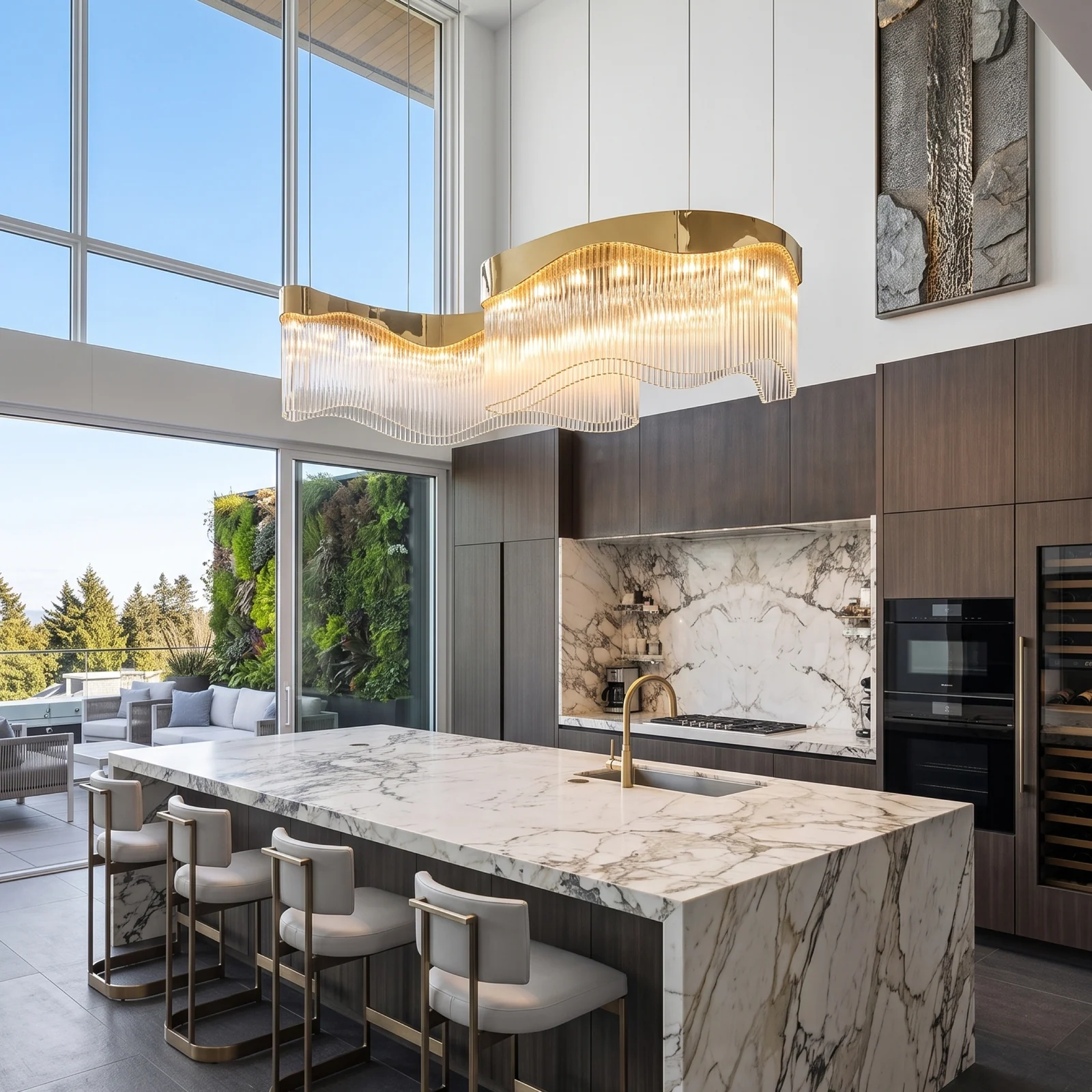 Luxury Curved Brass Glass Rod Chandelier for Open Plan Kitchens  Bespoke High-End Residential Fixtures