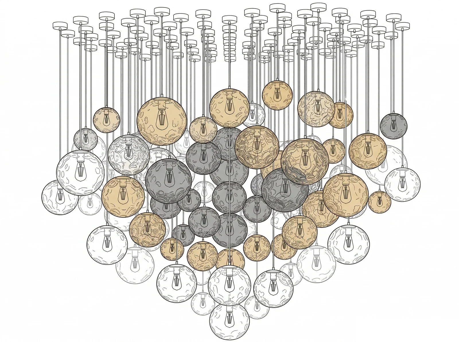 Bespoke Multi-Drop Glass Orb Chandelier for High Ceilings project view