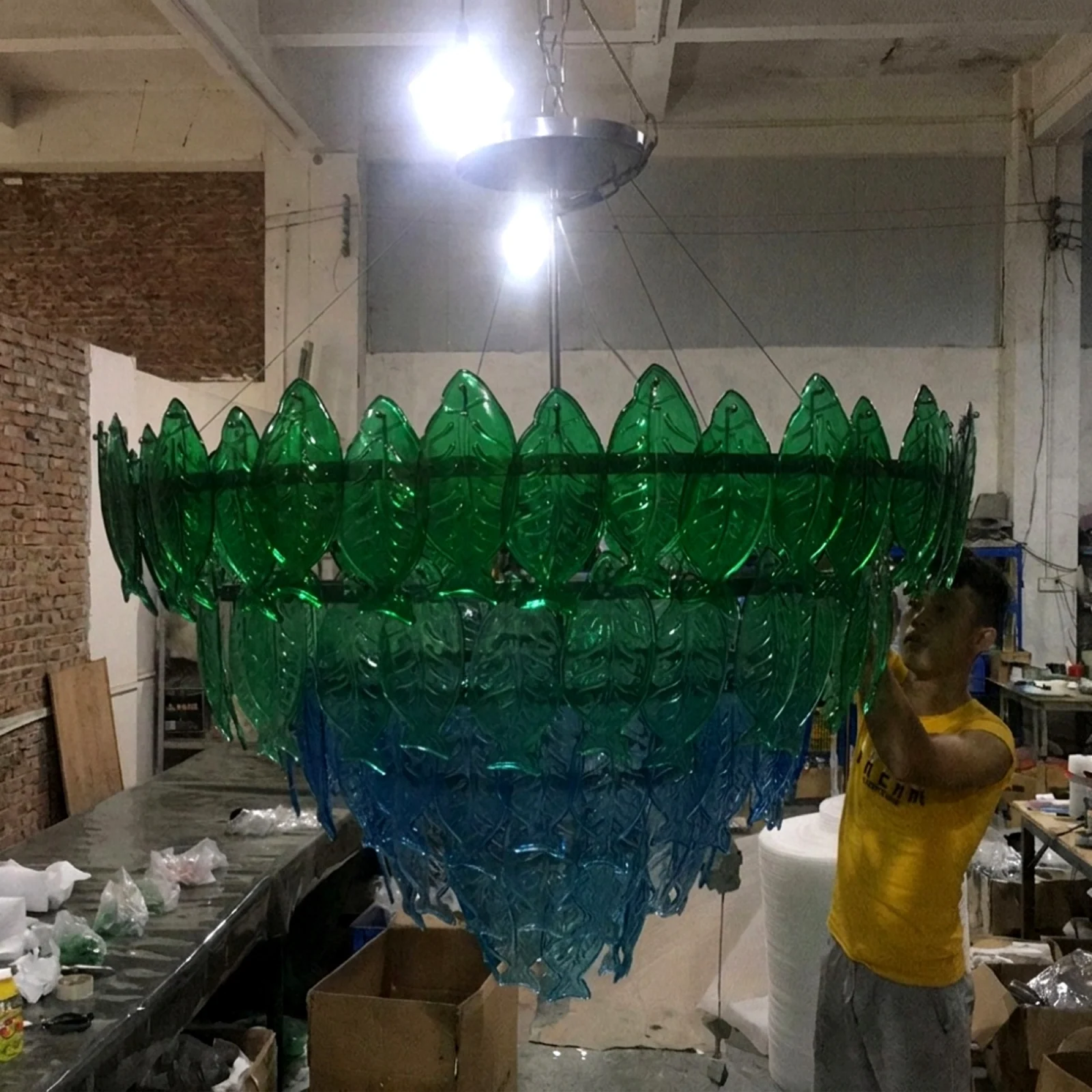 Bespoke Gradient Fish-Scale Glass Chandelier for Luxury Engineering Projects project view
