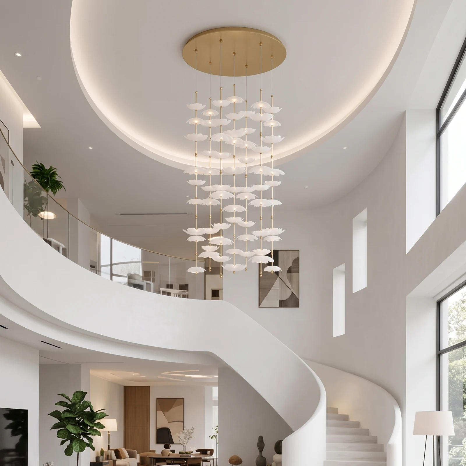 Custom Cascading Petal Chandelier for High Ceiling Living Room Coastal Villa Bespoke Lighting project view