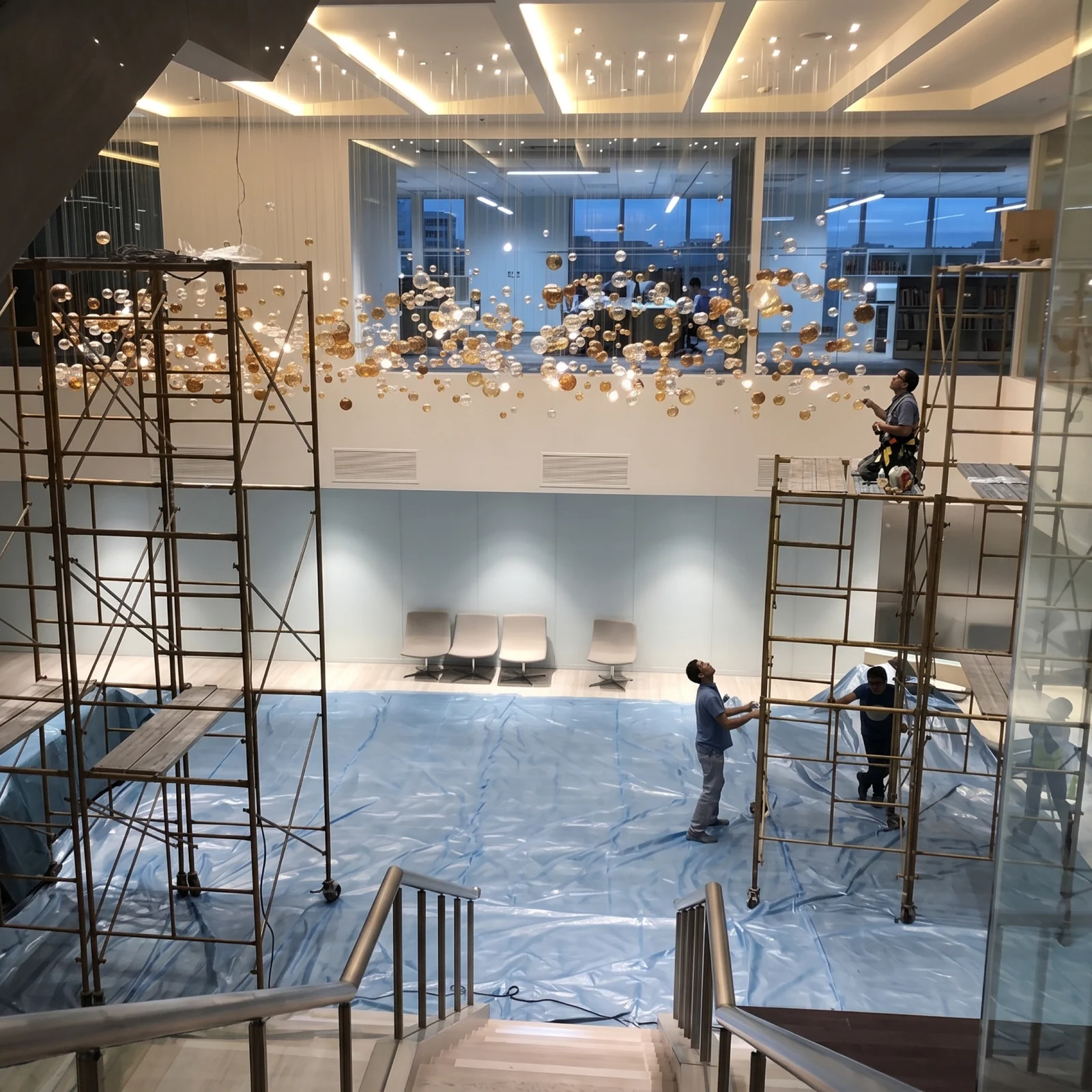 Luxury Floating Glass Globe Chandelier for Office Atrium Projects Bespoke Statement Lighting project view