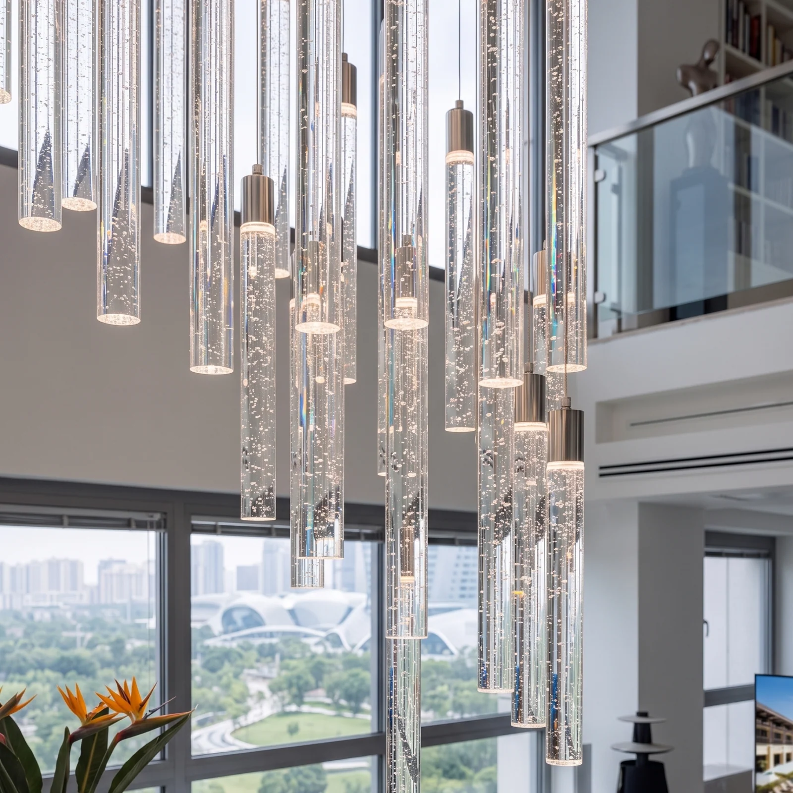 Custom Crystal Bubble Tube Stairwell Chandelier for Luxury Penthouse Bespoke High-Ceiling Fixtures project view