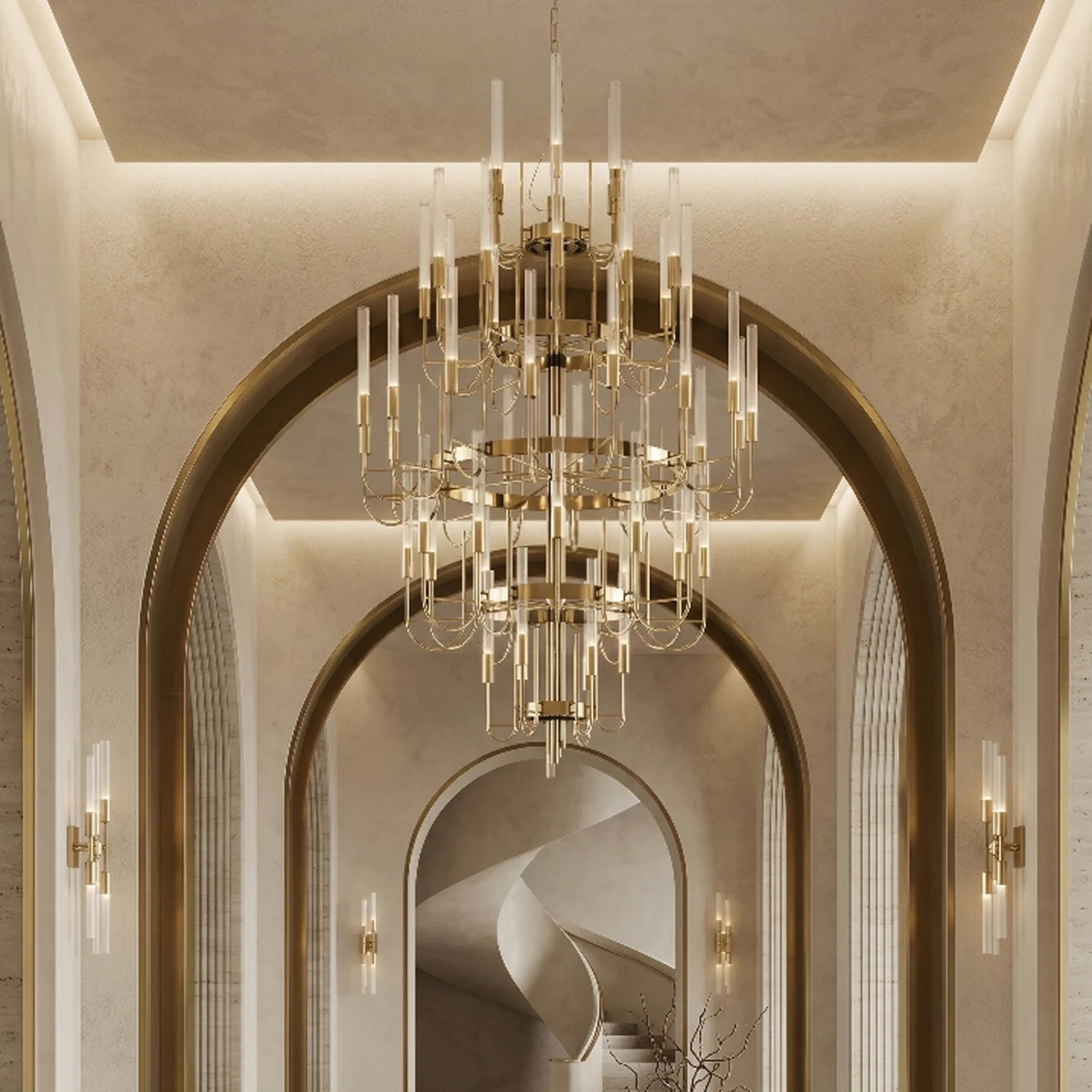 Bespoke Multi-Tier Brass & Glass Candle Chandelier for Luxury Hotel Lobby Projects