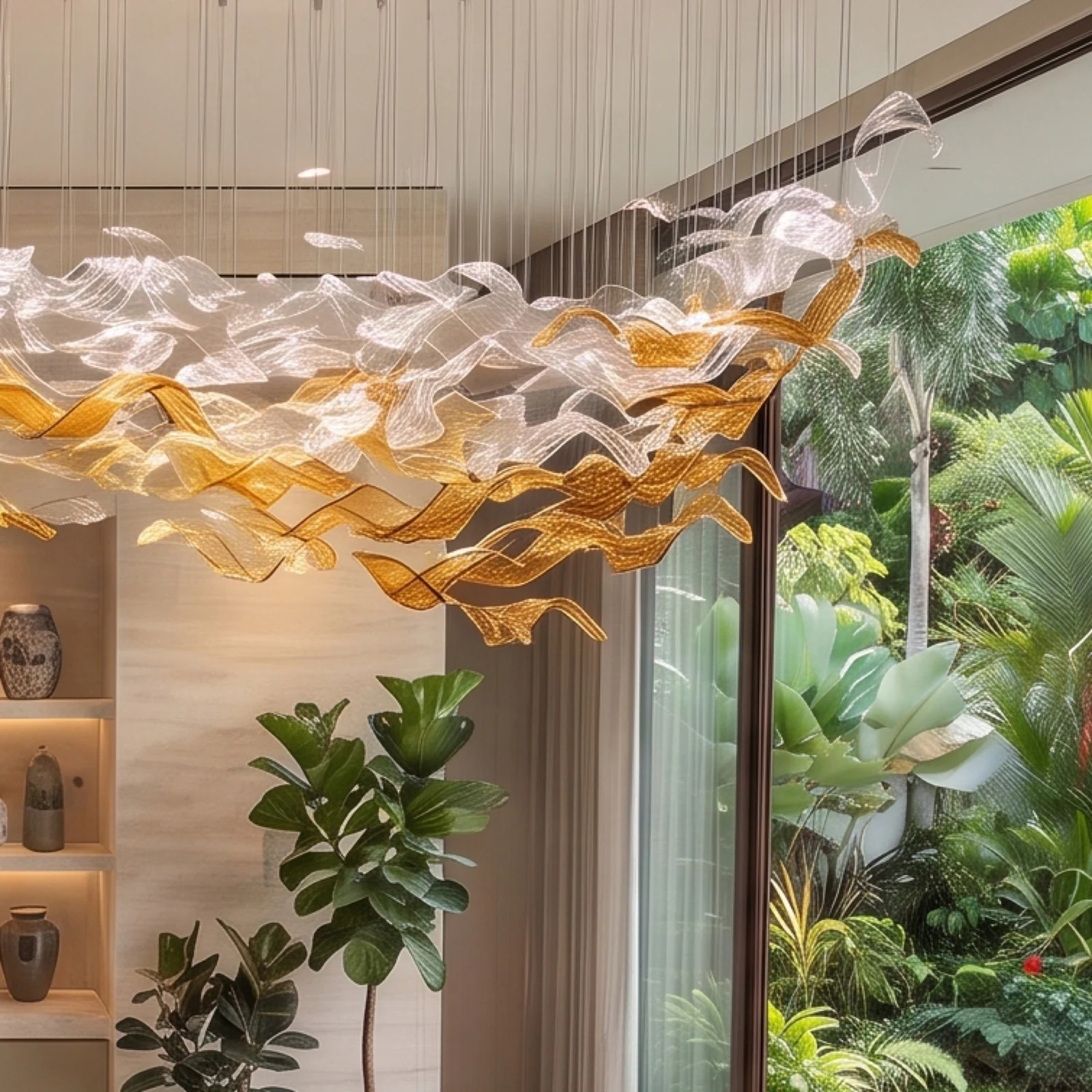 Custom Art Glass Wave Chandelier for Luxury Villas Miami, Hawaii Bespoke Residential Lighting project view