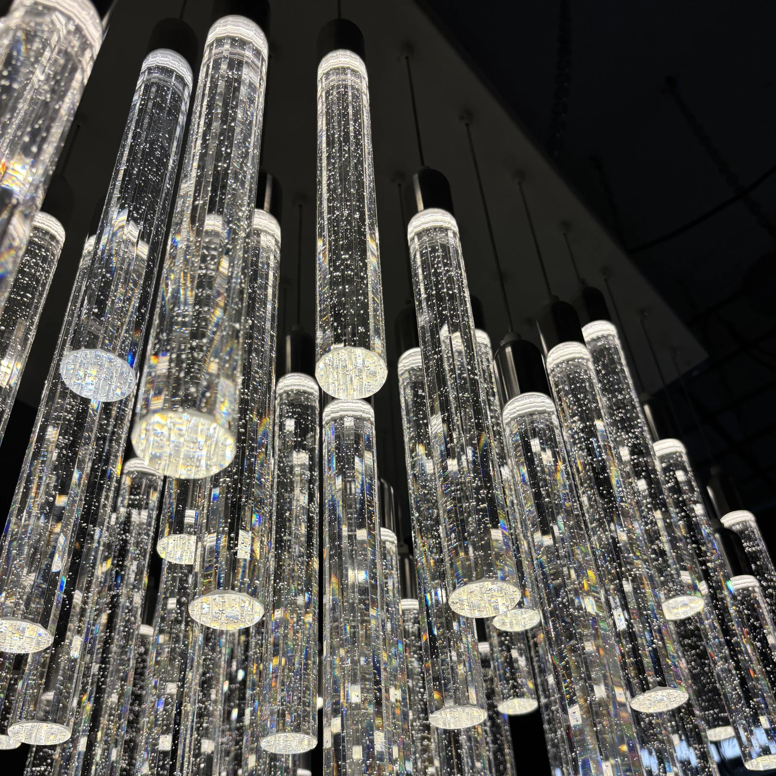 Custom Crystal Bubble Tube Stairwell Chandelier for Luxury Penthouse Bespoke High-Ceiling Fixtures project view
