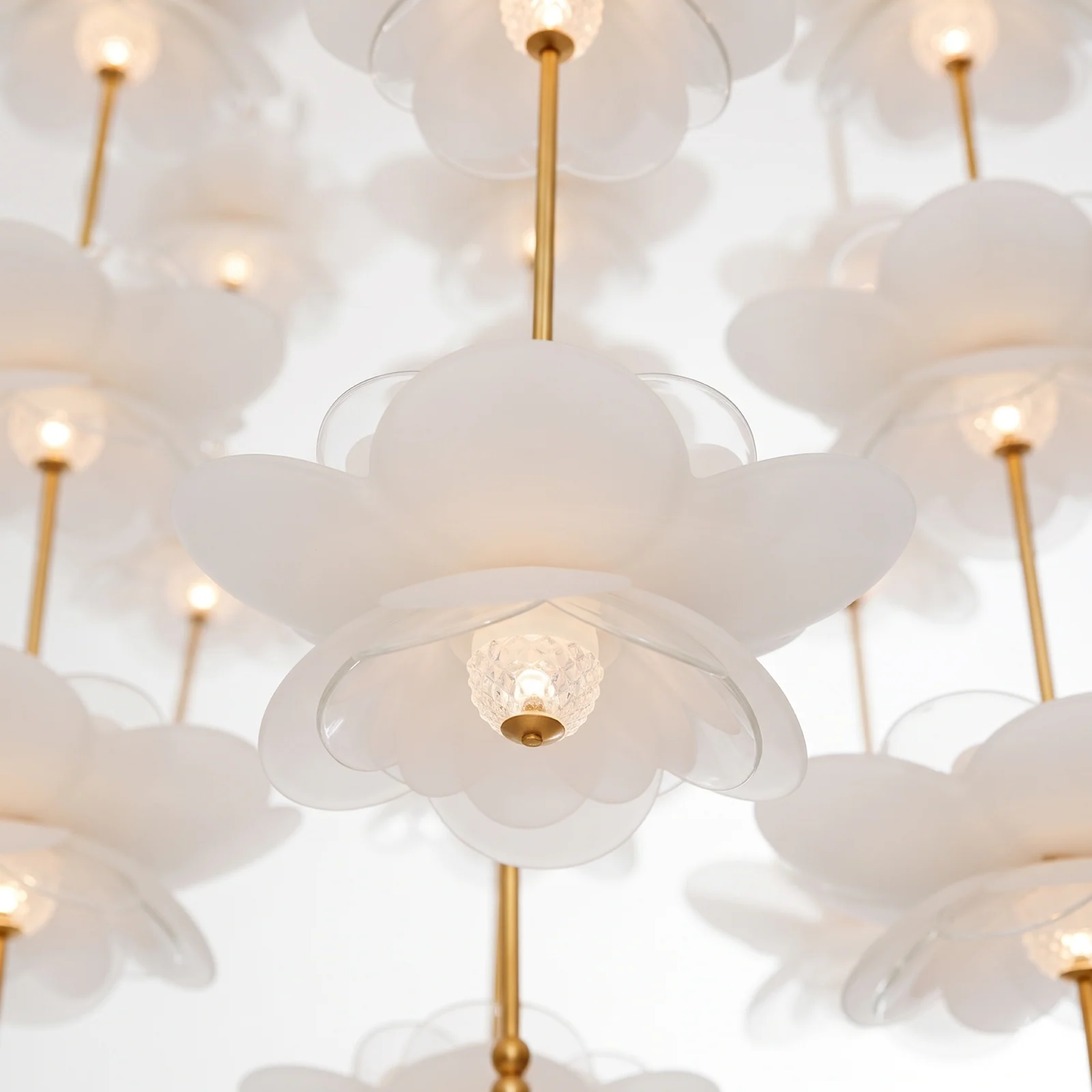 Custom Cascading Petal Chandelier for High Ceiling Living Room Coastal Villa Bespoke Lighting project view