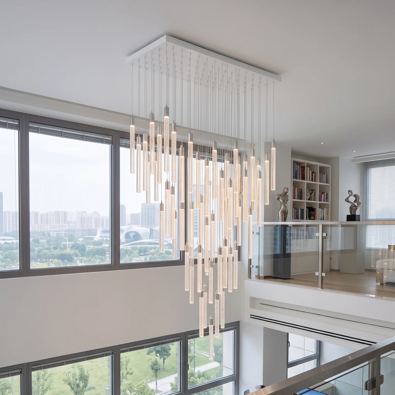 Custom Crystal Bubble Tube Stairwell Chandelier for Luxury Penthouse Bespoke High-Ceiling Fixtures project view