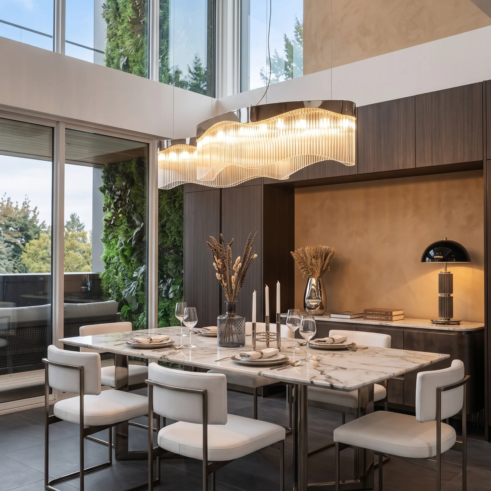 Luxury Curved Brass Glass Rod Chandelier for Open Plan Kitchens Bespoke High-End Residential Fixtures project view