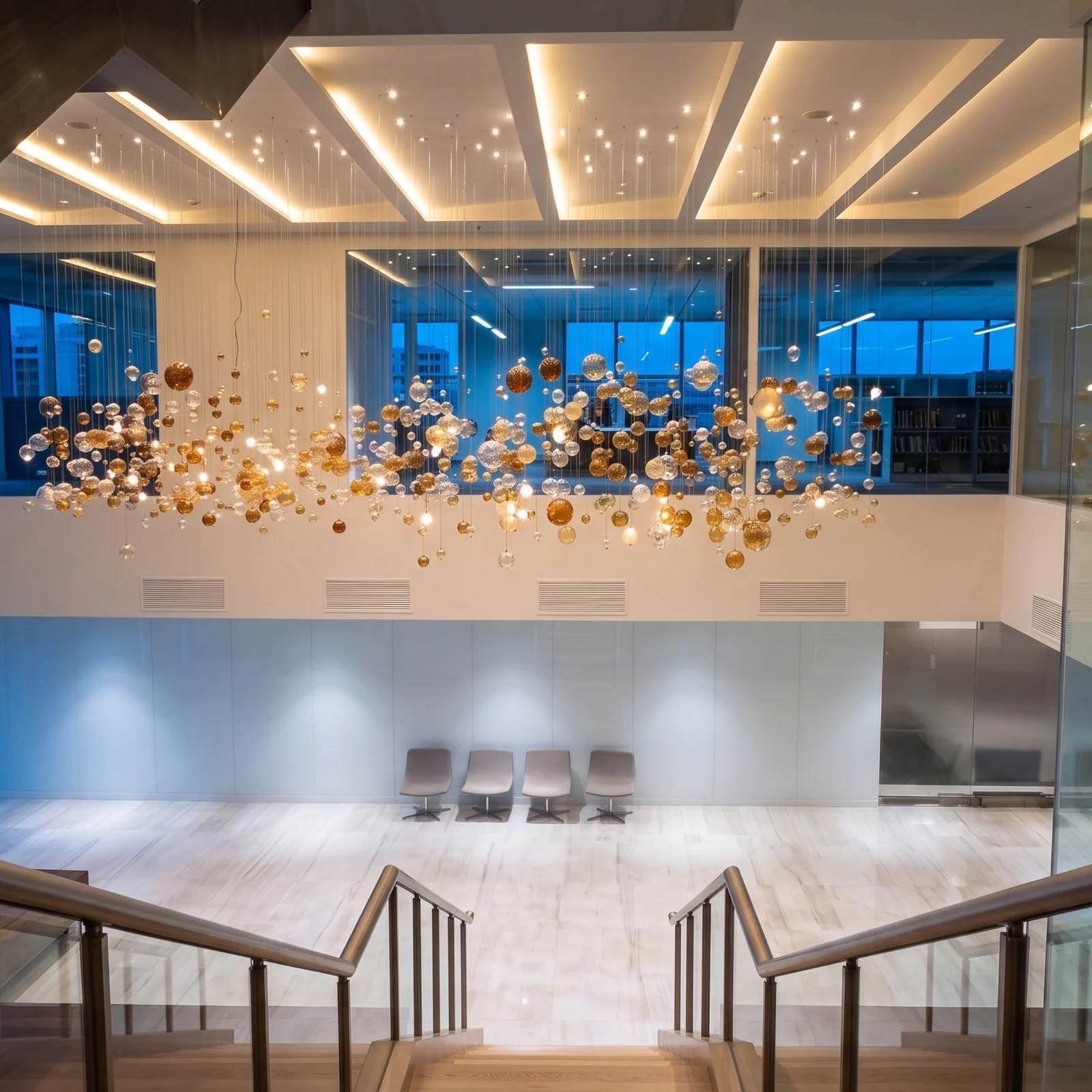 Luxury Floating Glass Globe Chandelier for Office Atrium Projects Bespoke Statement Lighting project view
