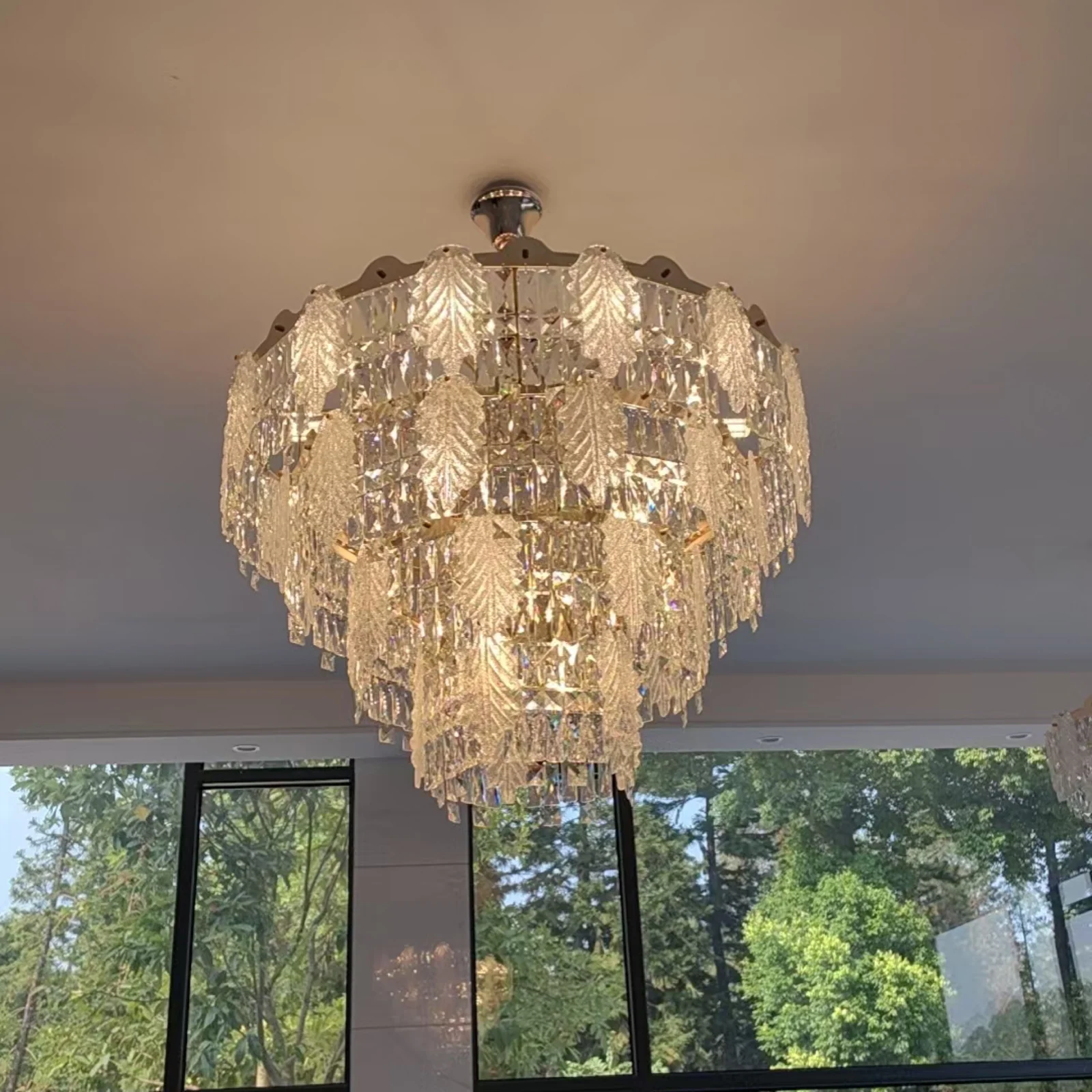 Custom Crystal Leaf Chandelier for Private Dining Room London Penthouse Bespoke Lighting project view