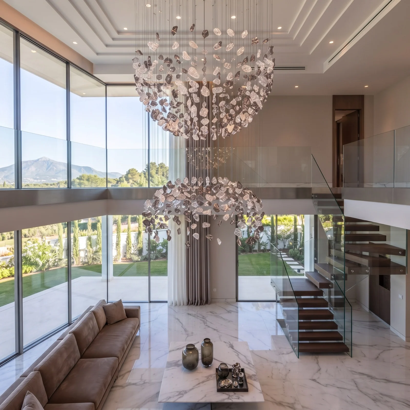 Large-Scale Floating Stone Chandelier for Modern Mansion Atriums Marbella Bespoke Statement Lighting project view