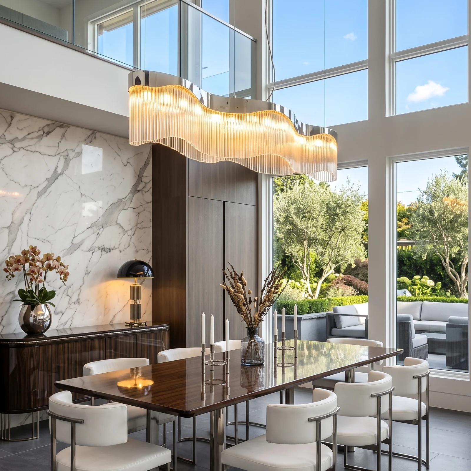 Luxury Curved Brass Glass Rod Chandelier for Open Plan Kitchens Bespoke High-End Residential Fixtures project view