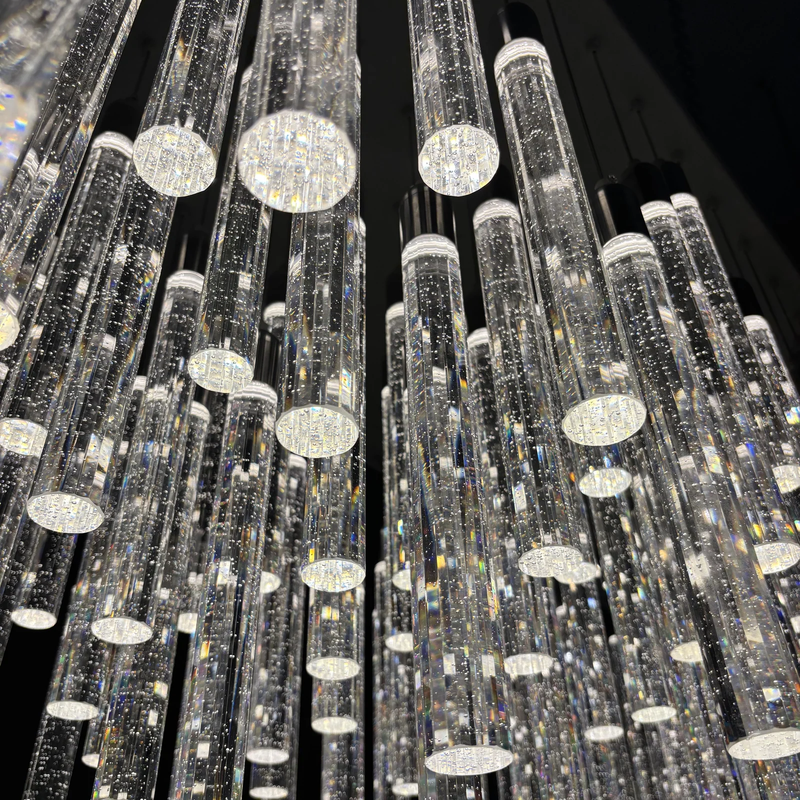 Custom Crystal Bubble Tube Stairwell Chandelier for Luxury Penthouse Bespoke High-Ceiling Fixtures project view