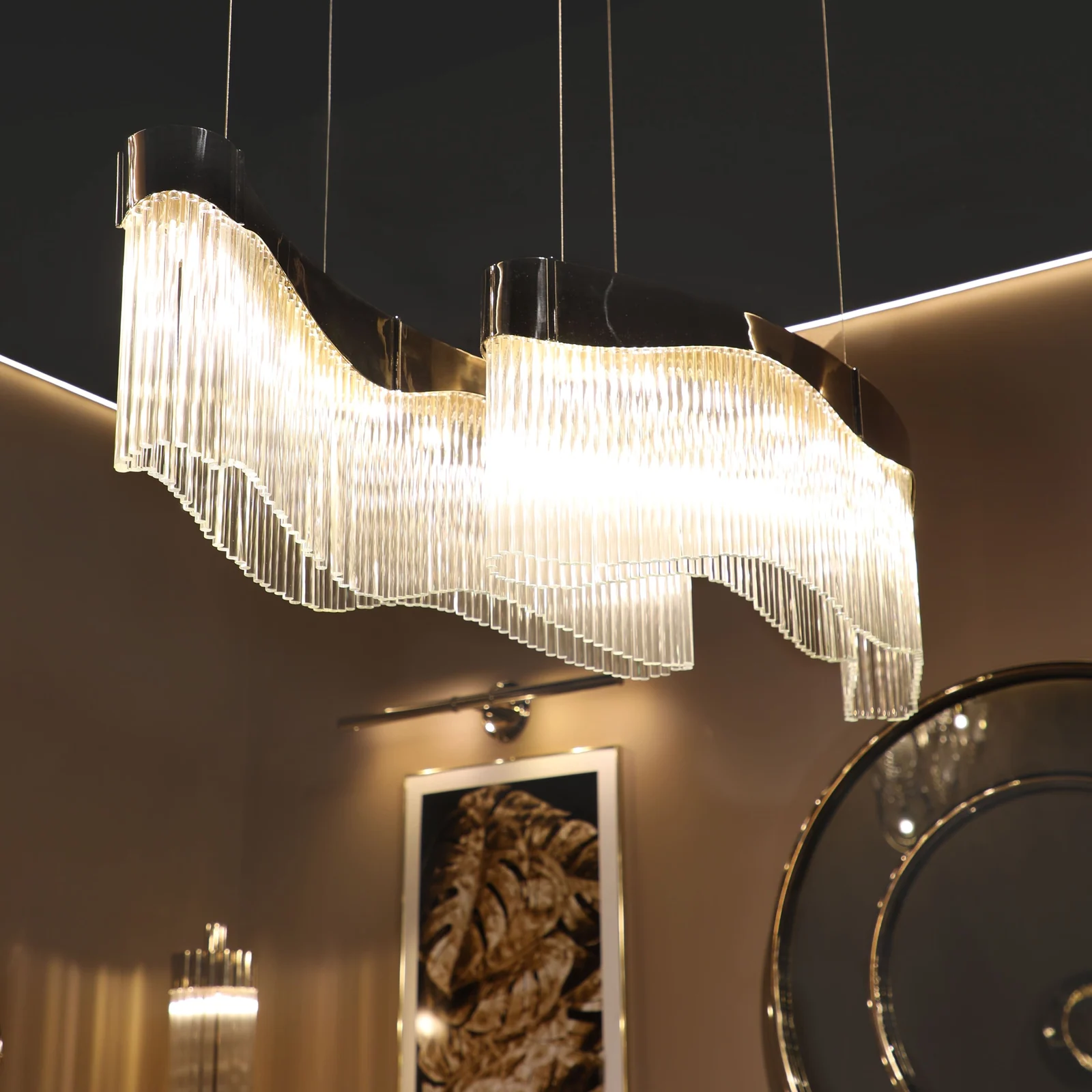 Luxury Curved Brass Glass Rod Chandelier for Open Plan Kitchens Bespoke High-End Residential Fixtures project view