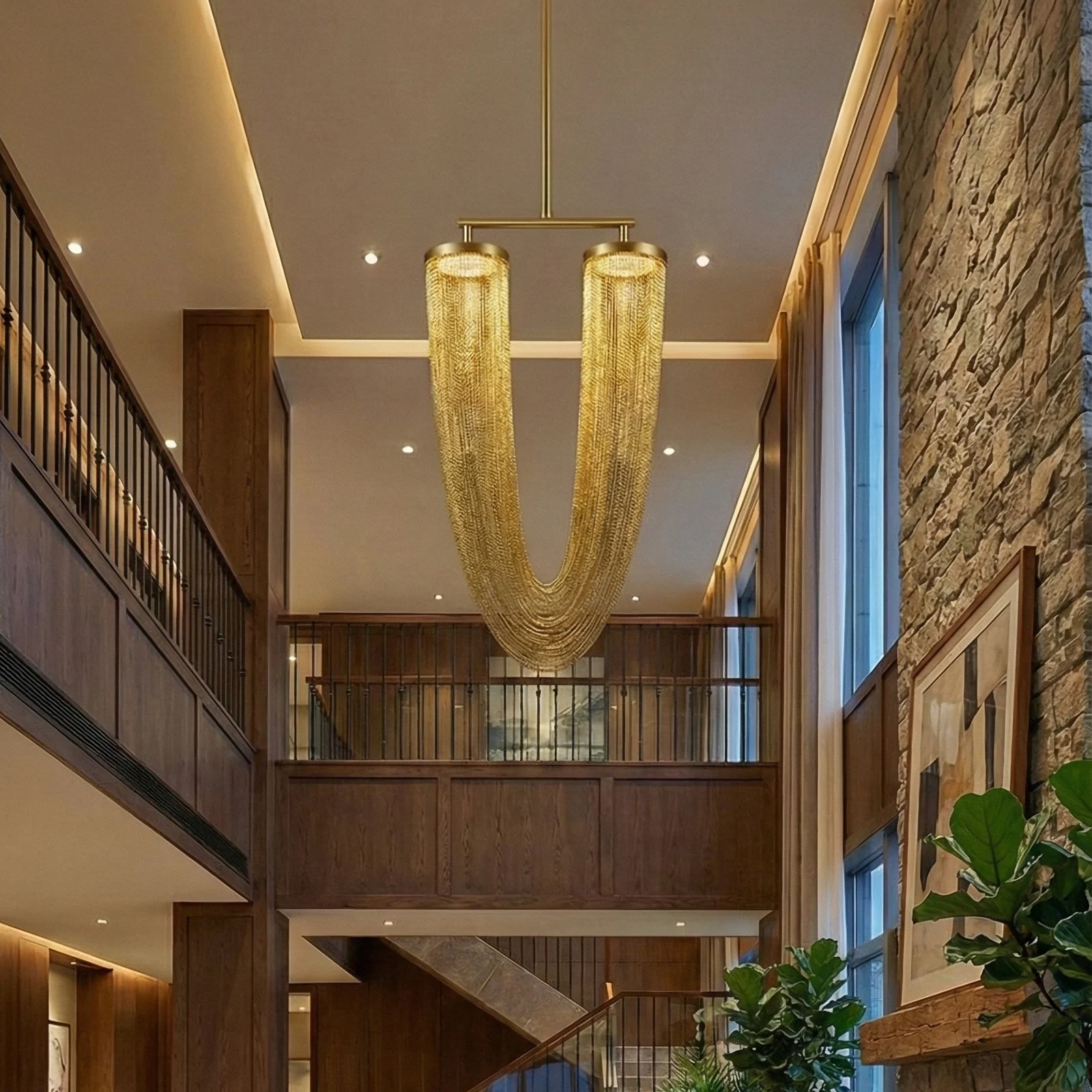 U‑Shaped Metal Chain Custom Chandelier Real Project Case | Bespoke Lighting for Luxury Villa Double‑Height Foyer & Hotel Lobby project view
