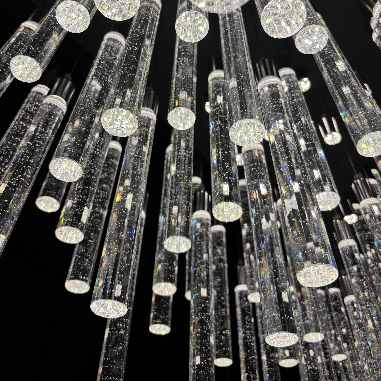Custom Crystal Bubble Tube Stairwell Chandelier for Luxury Penthouse Bespoke High-Ceiling Fixtures project view