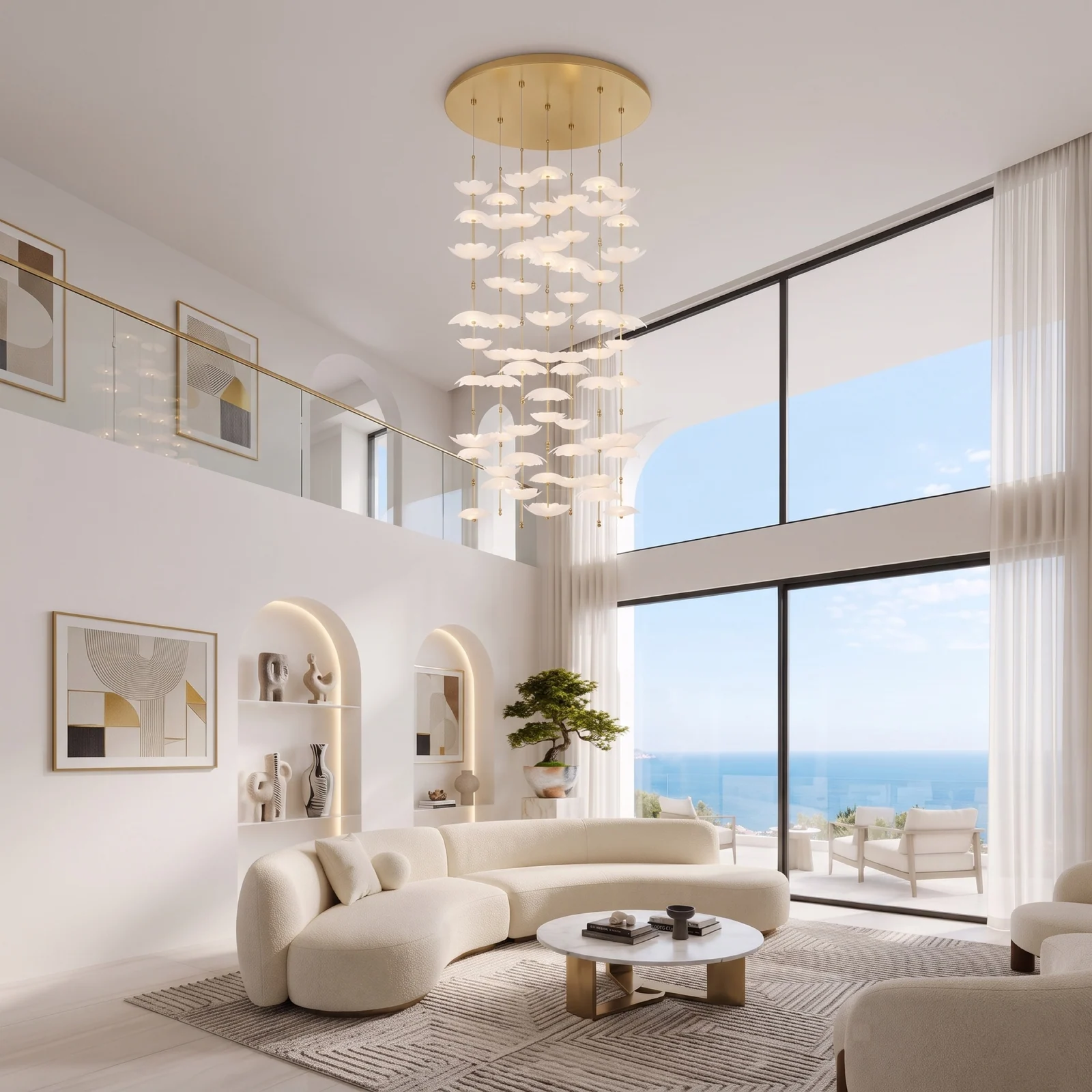 Custom Cascading Petal Chandelier for High Ceiling Living Room  Coastal Villa Bespoke Lighting