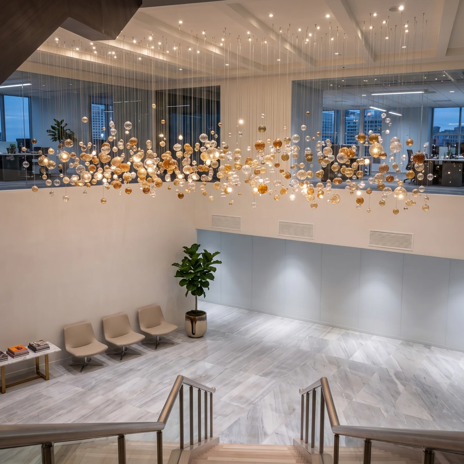 Luxury Floating Glass Globe Chandelier for Office Atrium Projects Bespoke Statement Lighting project view