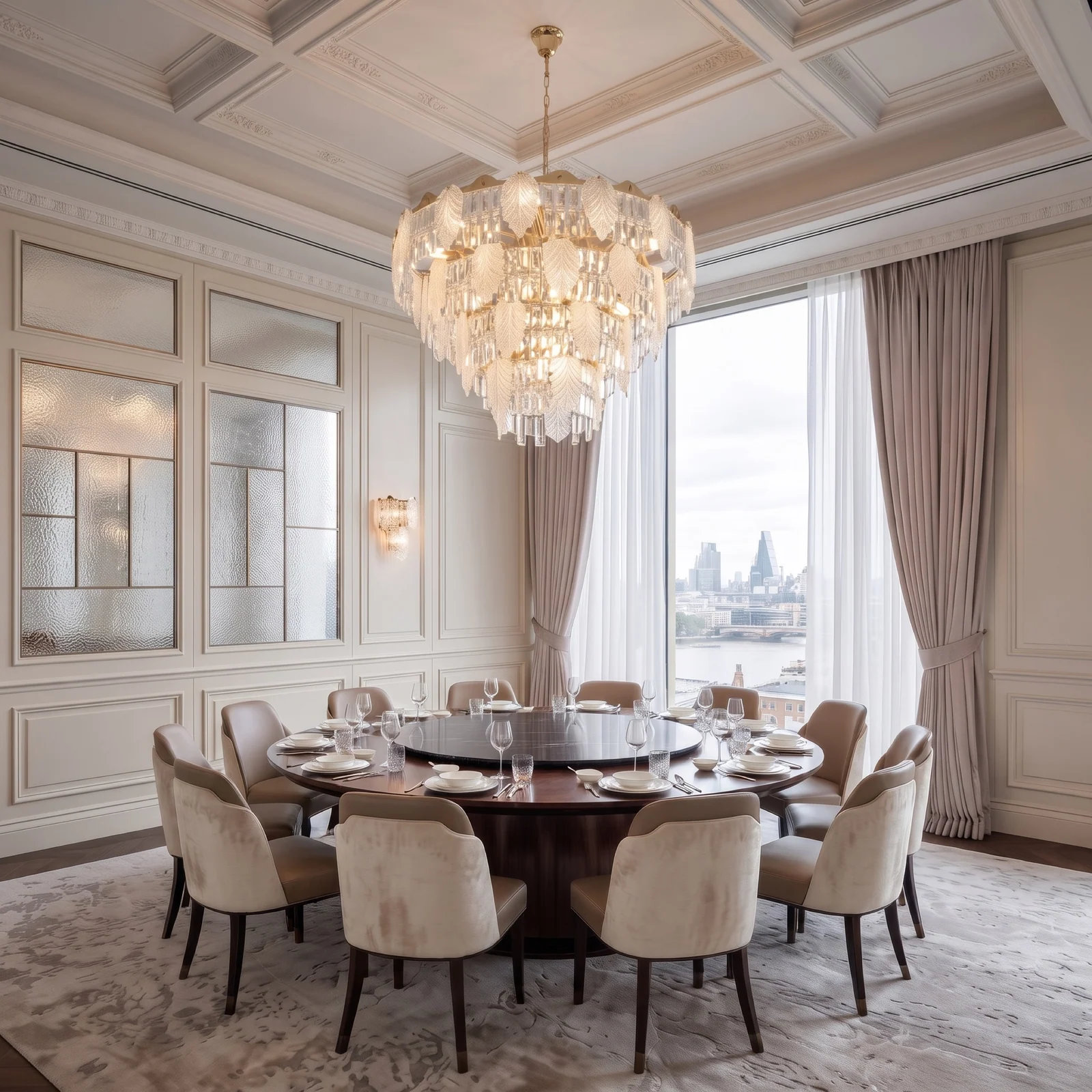 Custom Crystal Leaf Chandelier for Private Dining Room  London Penthouse Bespoke Lighting