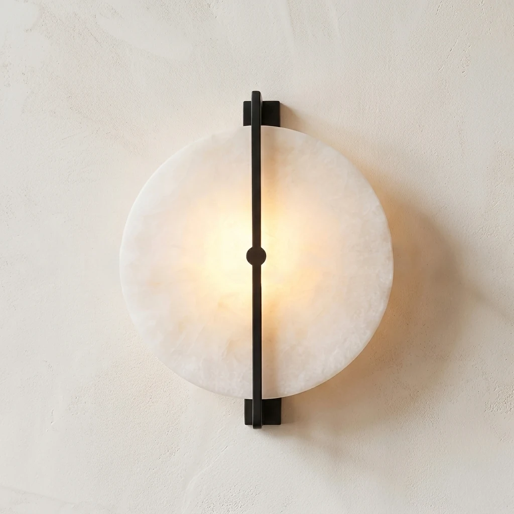 Alabaster Disc with Vertical Metal Bracket Wall Sconce