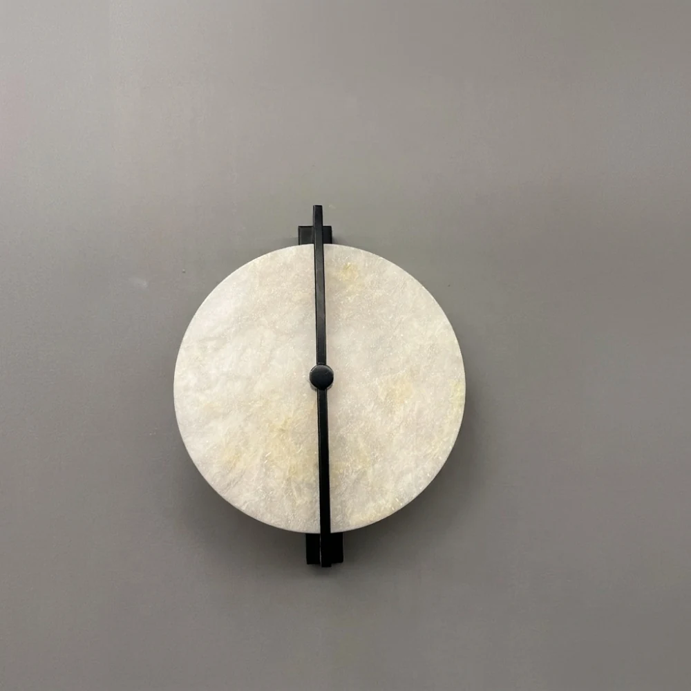 Alabaster Disc with Vertical Metal Bracket Wall Sconce detail