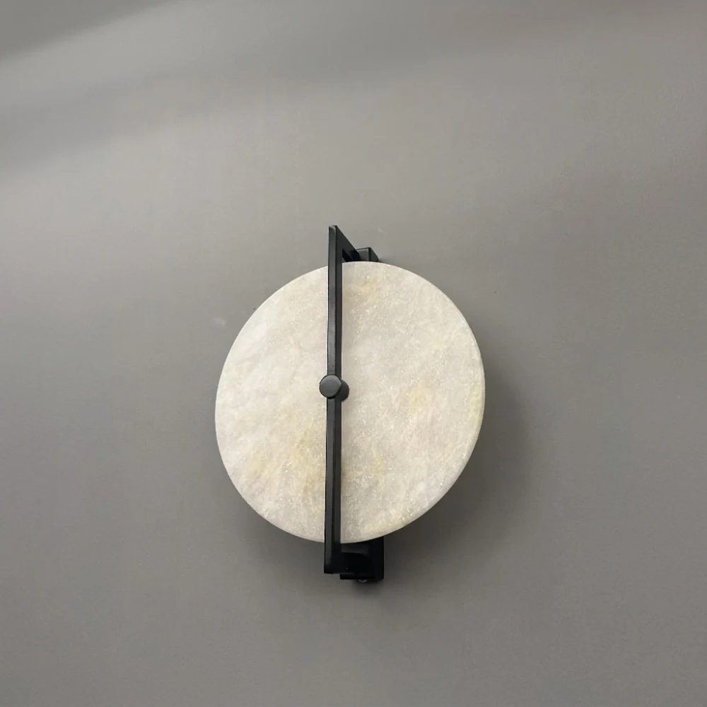 Alabaster Disc with Vertical Metal Bracket Wall Sconce detail