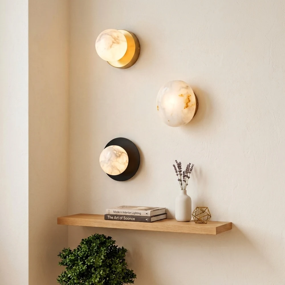 Black Disc & Offset Stone Globe Wall Sconce detail