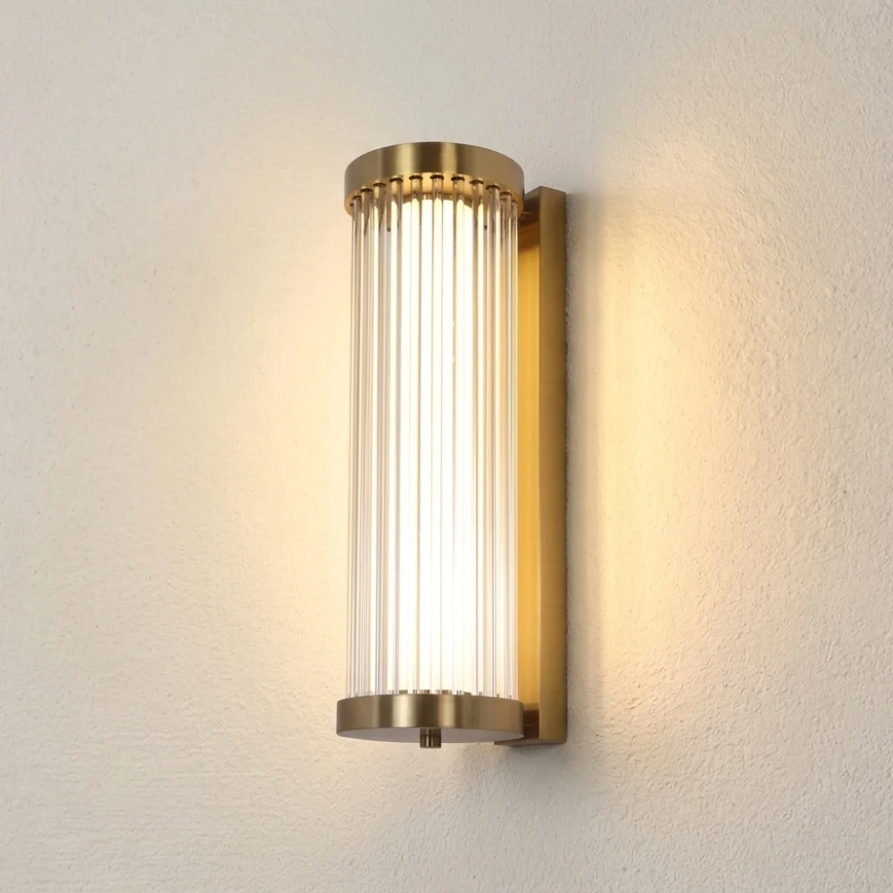 Brass Ribbed Glass Cylinder Wall Sconce detail
