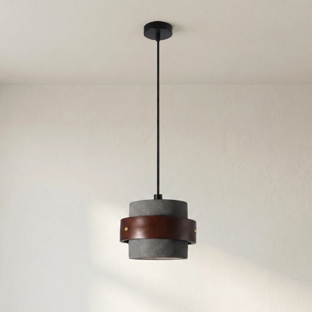 Concrete Texture & Wood Ring Pendant Light